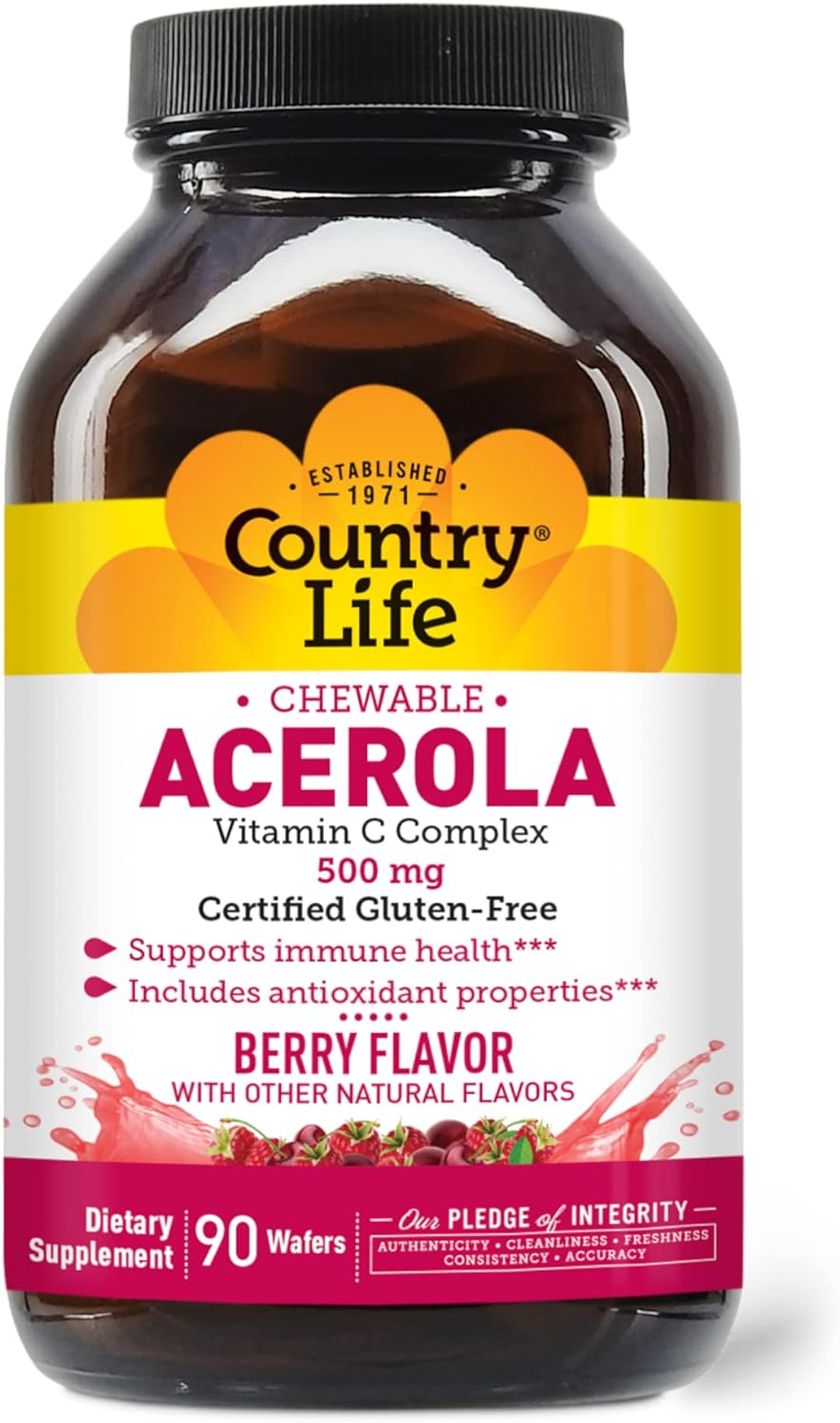 Country Life Acerola Vitamin C Complex, 500mg, Chewable Berry Flavored Wafers, Supports Immune Health, 90 Wafers, Certified Gluten Free by GFCO, Certified Vegan by AVA