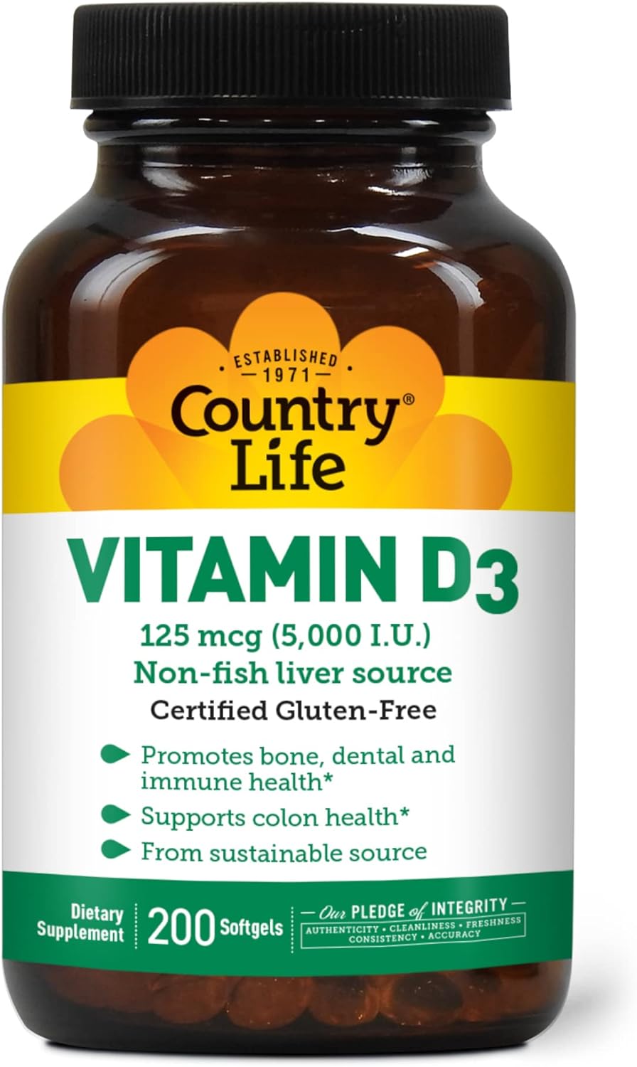 Country Life, Vitamin D3 5000 IU, Supports Healthy Bones, Teeth and Immune System, Daily Supplement, 200 ct