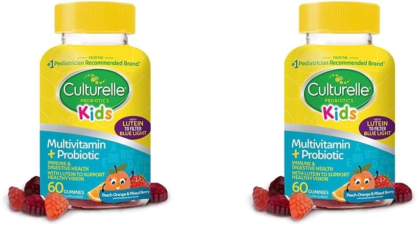 Culturelle Kids Multivitamin + Probiotic for Kids (Ages 2+) - 60 Count, Peach-Orange  Mixed Berry Flavor - Digestive Health  Immune Support Gummies with Lutein to Support Eye Health (Pack of 2)