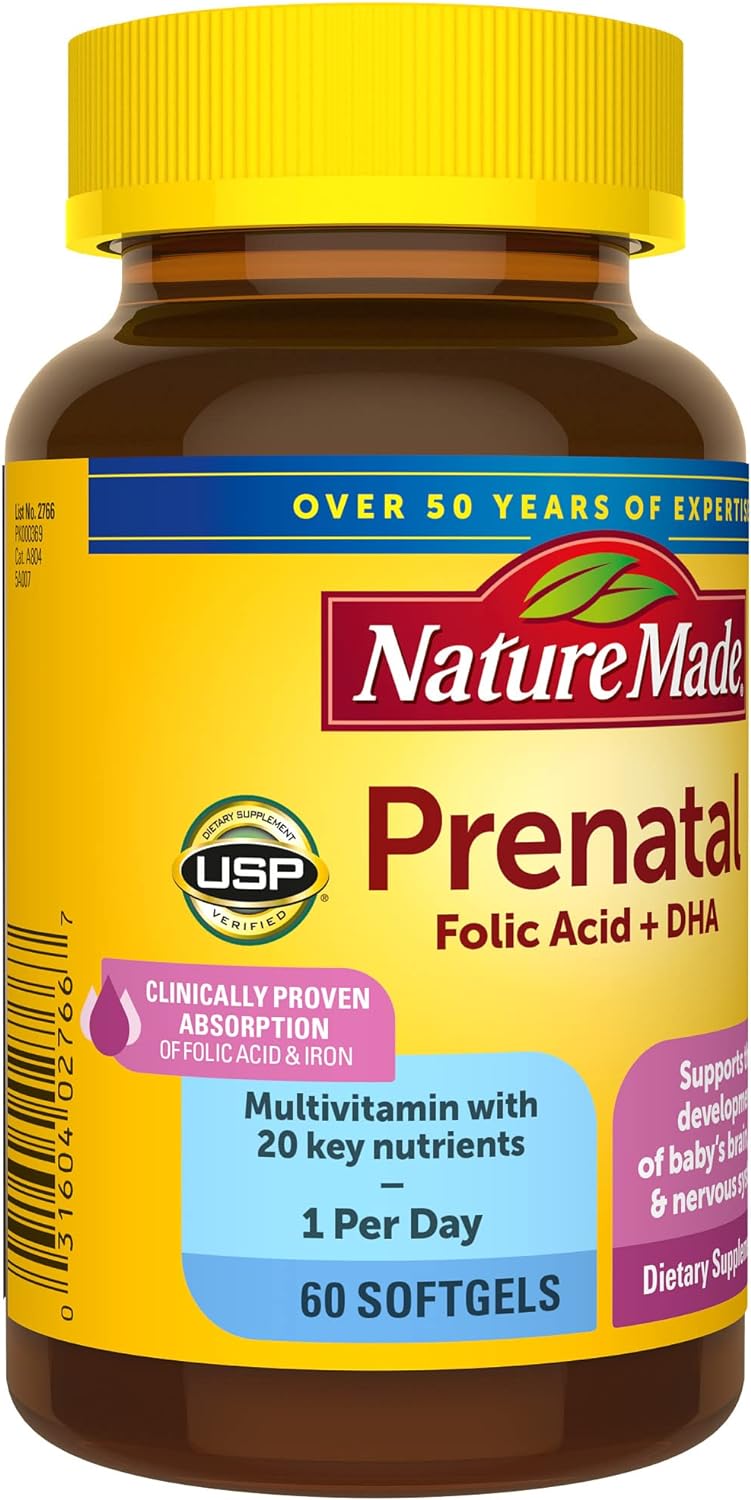 Nature Made Prenatal with Folic Acid + DHA, Prenatal Vitamin and Mineral Supplement for Daily Nutritional Support, 60 Softgels, 60 Day Supply