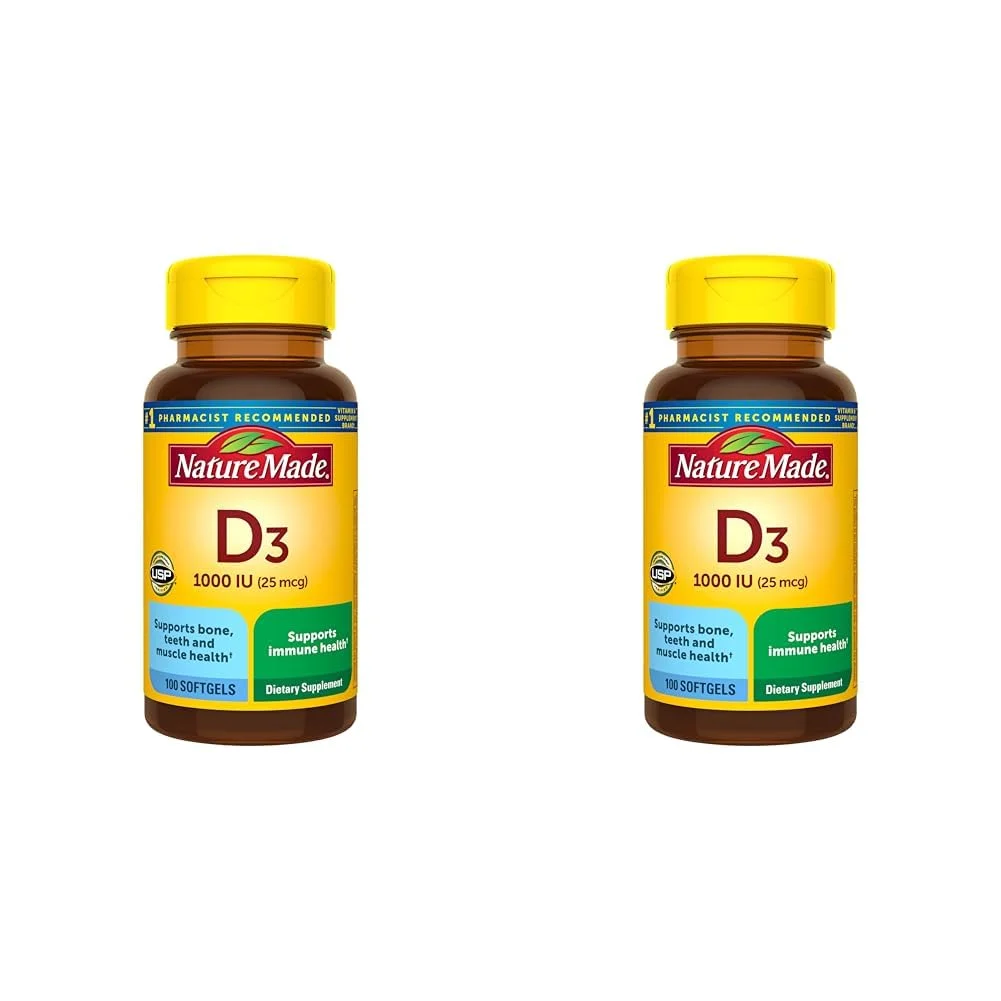 Nature Made Vitamin D3 1000 IU (25 mcg), Dietary Supplement for Bone, Teeth, Muscle and Immune Health Support, 100 Softgels, 100 Day Supply (Pack of 2)