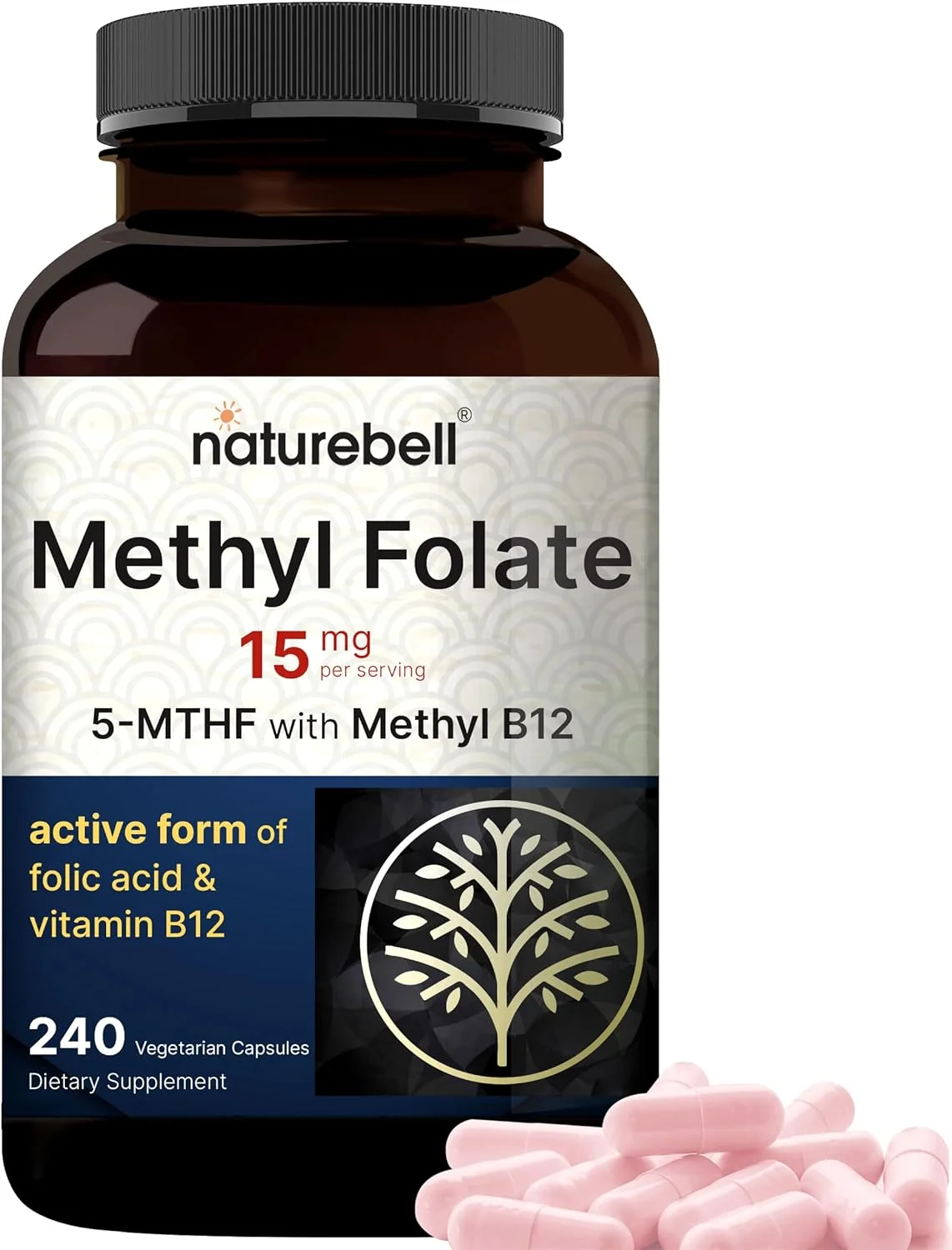 NatureBell L Methylfolate 15mg, 240 Veggie Capsules | 5-MTHF with Methyl B12 1,000mcg | High Potency Dual Action for Energy  Cognitive Support, Active Folic Acid – Methyl Folate Supplement