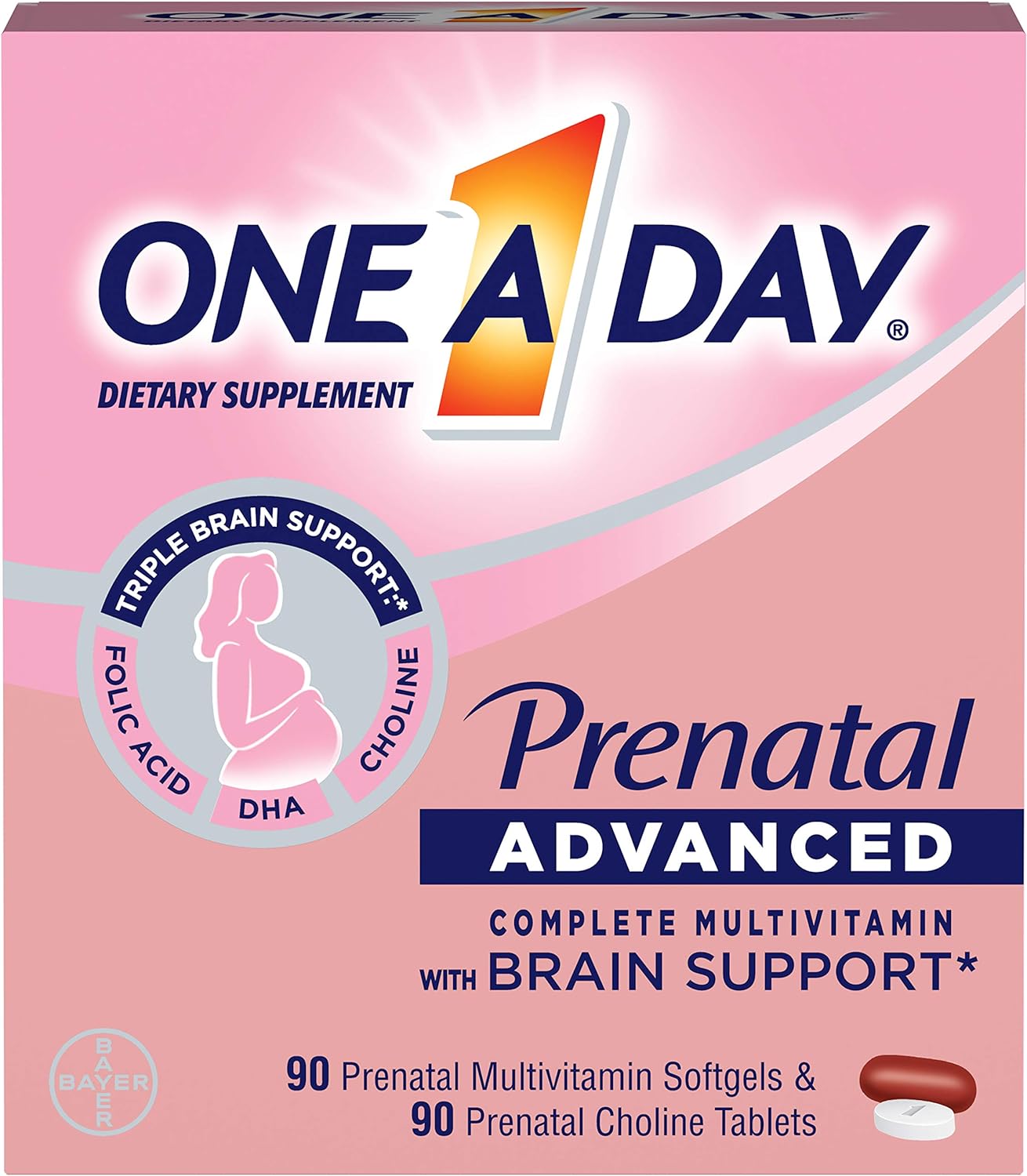 One A Day Women’s Prenatal Advanced Complete Multivitamin with Brain Support* with Choline, Folic Acid, Omega-3 DHA  Iron for Pre, During and Post Pregnancy, 90+90 Count, (180 Count Total Set)