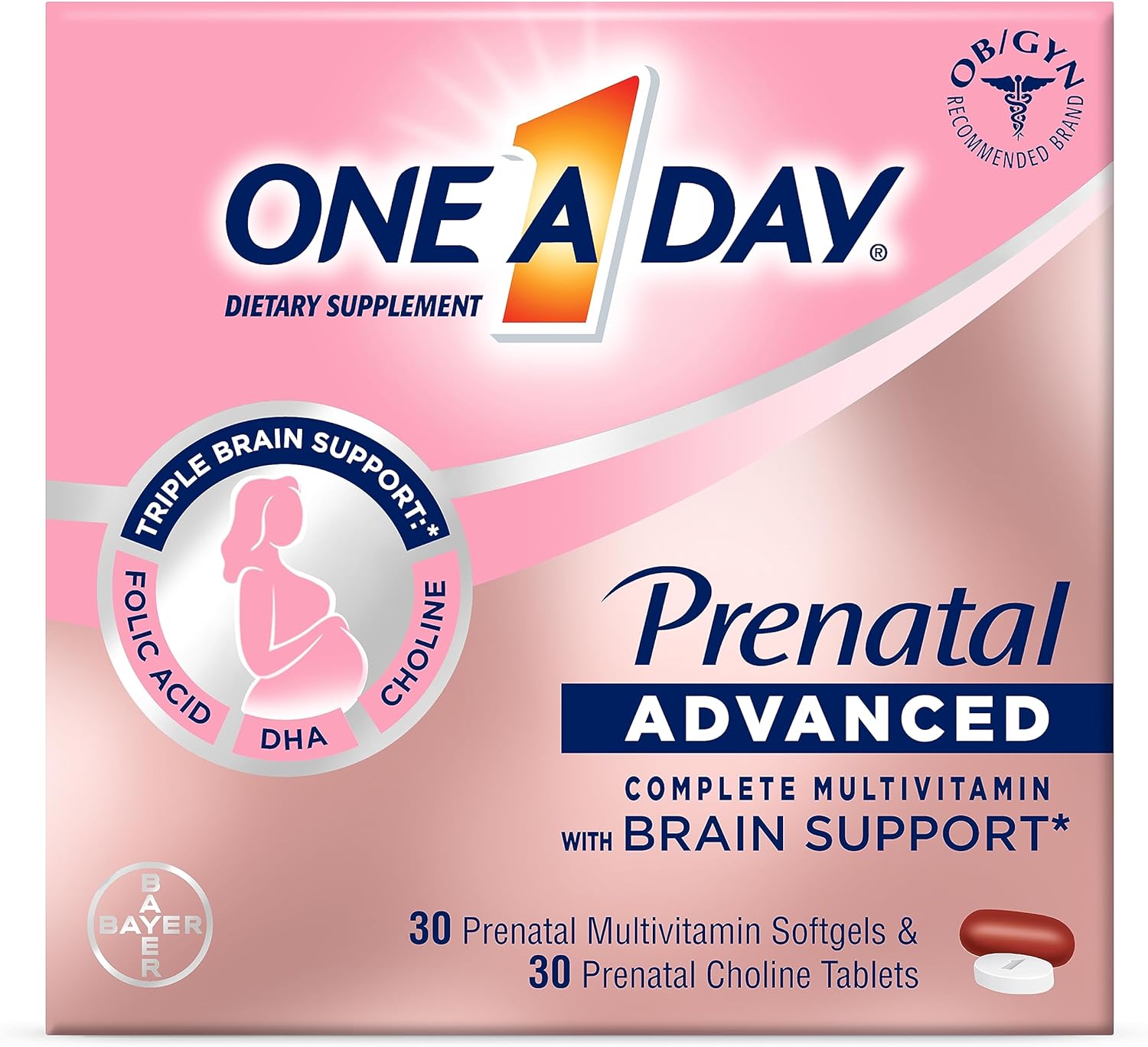 One A Day Womens Prenatal Advanced Complete Multivitamin with Brain Support* with Choline, Folic Acid, Omega-3 DHA  Iron for Pre, During and Post Pregnancy, 30+30 Count (60 Count Total Set)