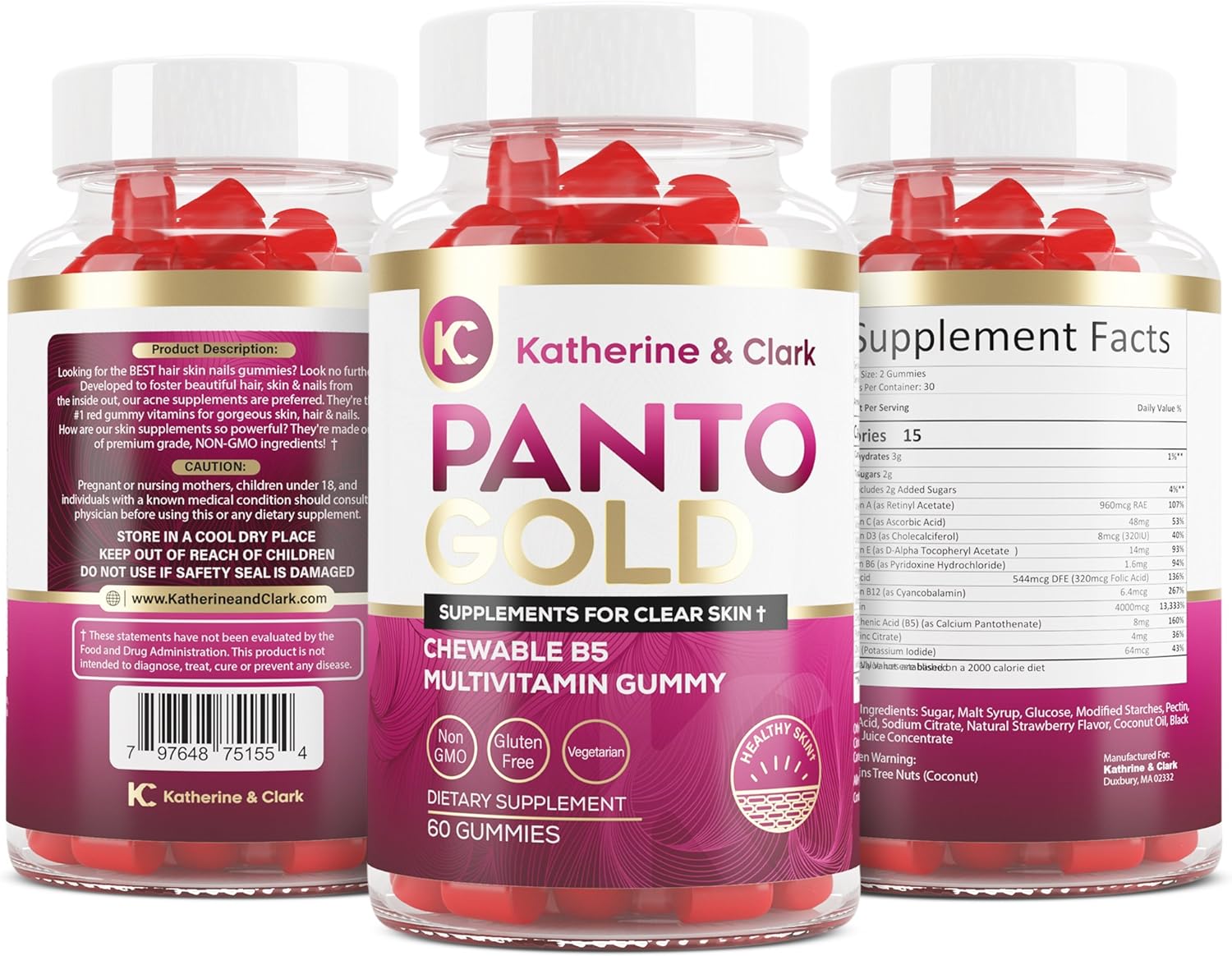 Panto Gold Vitamin B5 Pantothenic Acid Gummies for Acne - Hair Skin and Nails Gummies - Biotin, Zinc, Folic Acid Chewable Non-GMO Gluten-Free for Body - Oily Skin Gummies - 60 Count