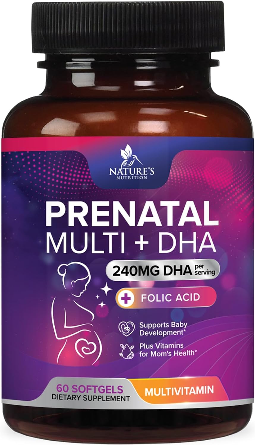 Prenatal Multivitamin with Folic Acid  DHA, Prenatal Vitamins Supplement, Folate, Omega 3, Vitamins D3, B6, B12  Iron, Womens Pregnancy Support Prenatal Vitamins, Non-GMO Gluten Free - 60 Softgels