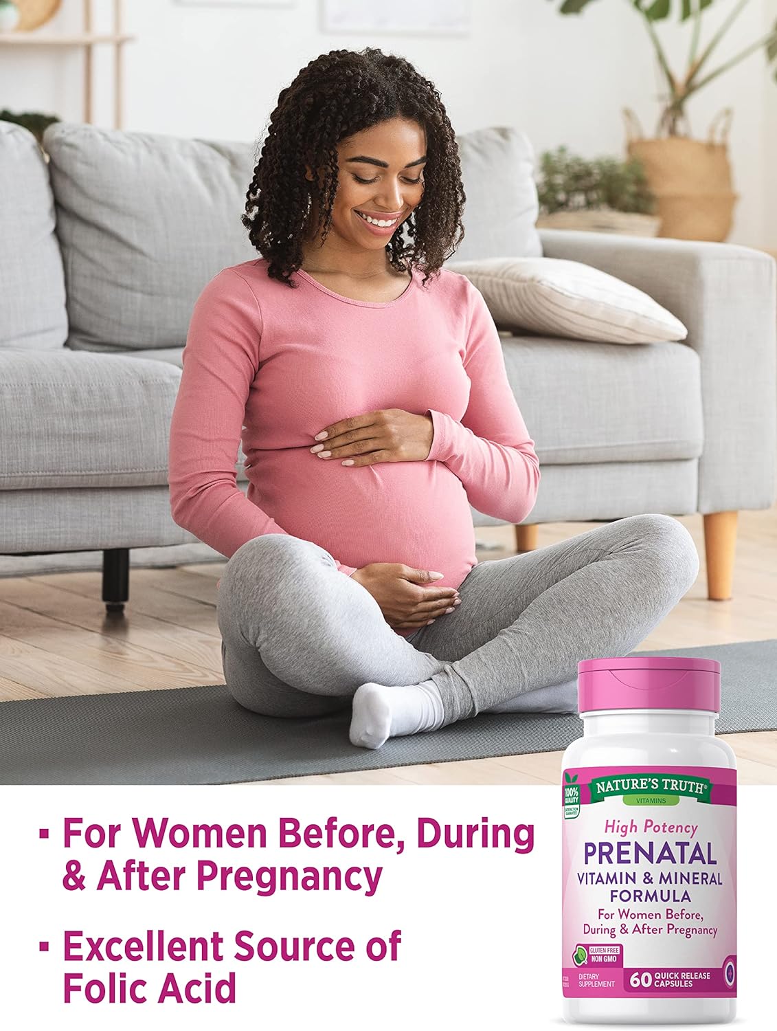 Prenatal Vitamins With Folic Acid | 60 Capsules | Non-GMO  Gluten Free Supplement | By Natures Truth