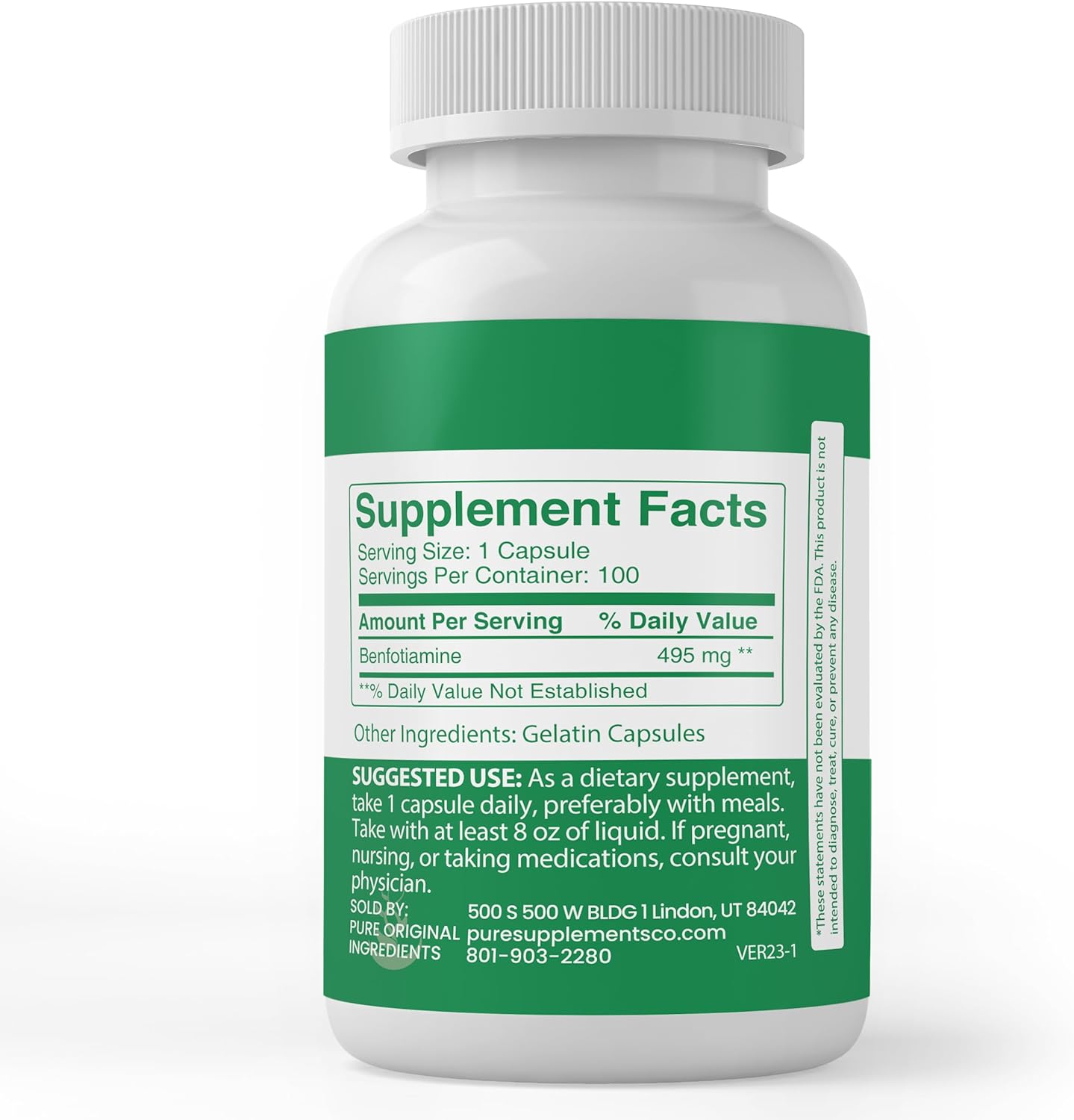 PURE ORIGINAL INGREDIENTS Benfotiamine, (100 Capsules) Always Pure, No Additives Or Fillers, Lab Verified