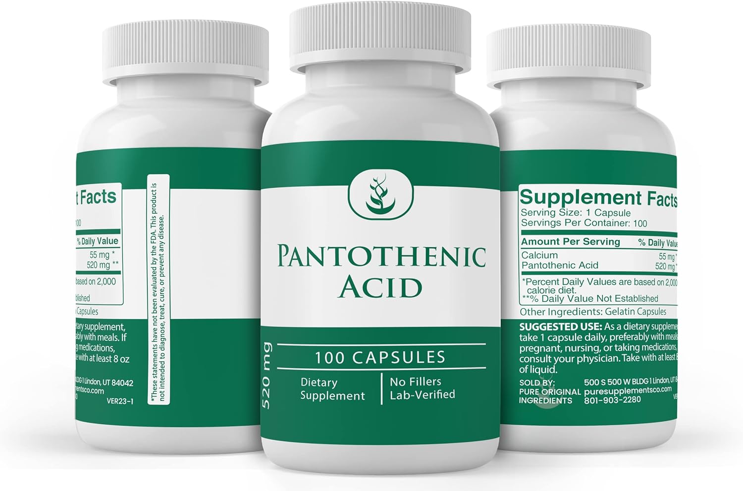 PURE ORIGINAL INGREDIENTS Pantothenic Acid (100 Capsules) Pure, Vitamin B5, Calcium Supplement