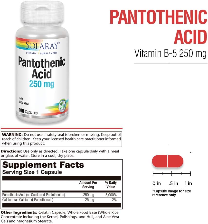 SOLARAY Pantothenic Acid 250mg | Vitamin B5 | Energy Metabolism, Hair, Skin, Nails  Digestive Support | 100CT