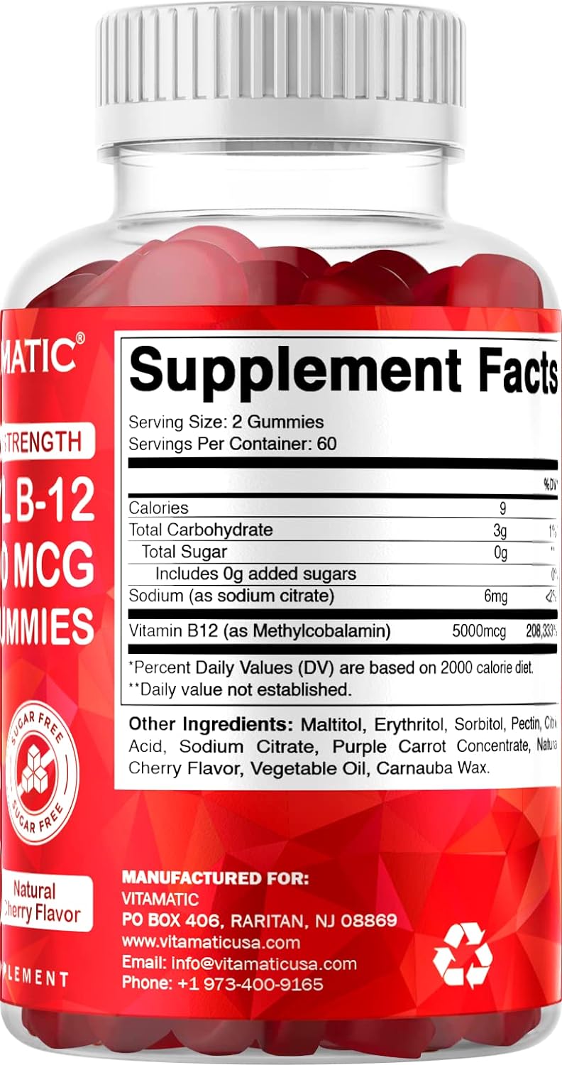Vitamatic Extra Strength Vitamin B12 5000 mcg (Methyl B12) Gummies - 120 Count - Energy Metabolism Support and Nervous System Health Support, Natural Cherry Flavored (1)