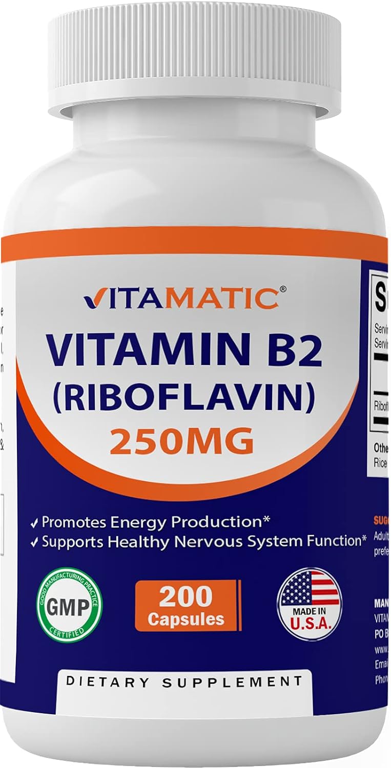 Vitamatic Vitamin B2 (Riboflavin) 250 mg 200 Capsules - Support Cellular Energy and Red Blood Cell Production