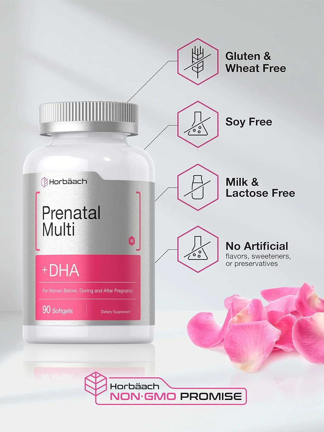Womens Prenatal Multivitamin with DHA, Iron and Folic Acid | 90 Softgels | Non-GMO  Gluten Free | by Horbaach