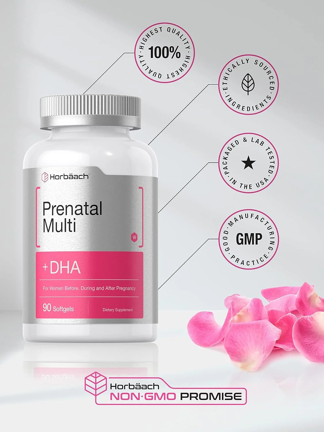 Womens Prenatal Multivitamin with DHA, Iron and Folic Acid | 90 Softgels | Non-GMO  Gluten Free | by Horbaach