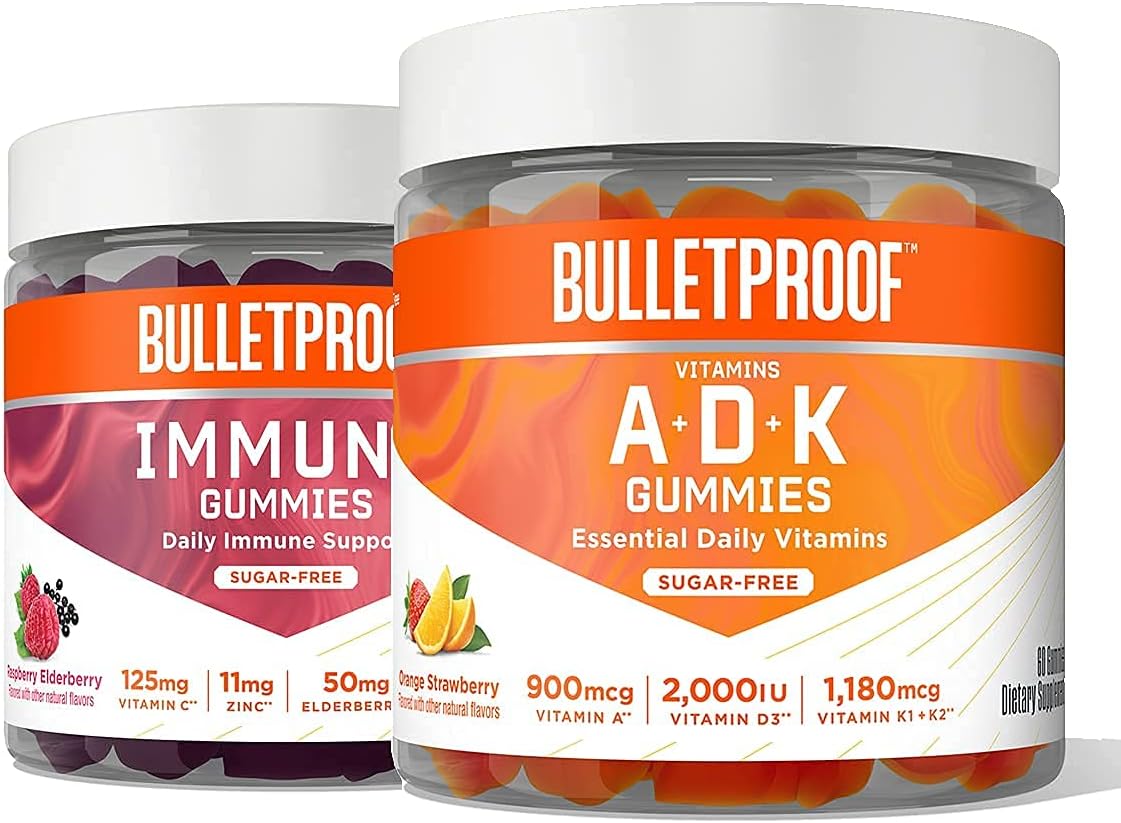 Bulletproof Vitamins A+D+K, 60 Sugar-Free Gummies, Strawberry Orange Flavor | Immune Sugar-Free Gummies, 60 Count, Elderberry Raspberry Flavor