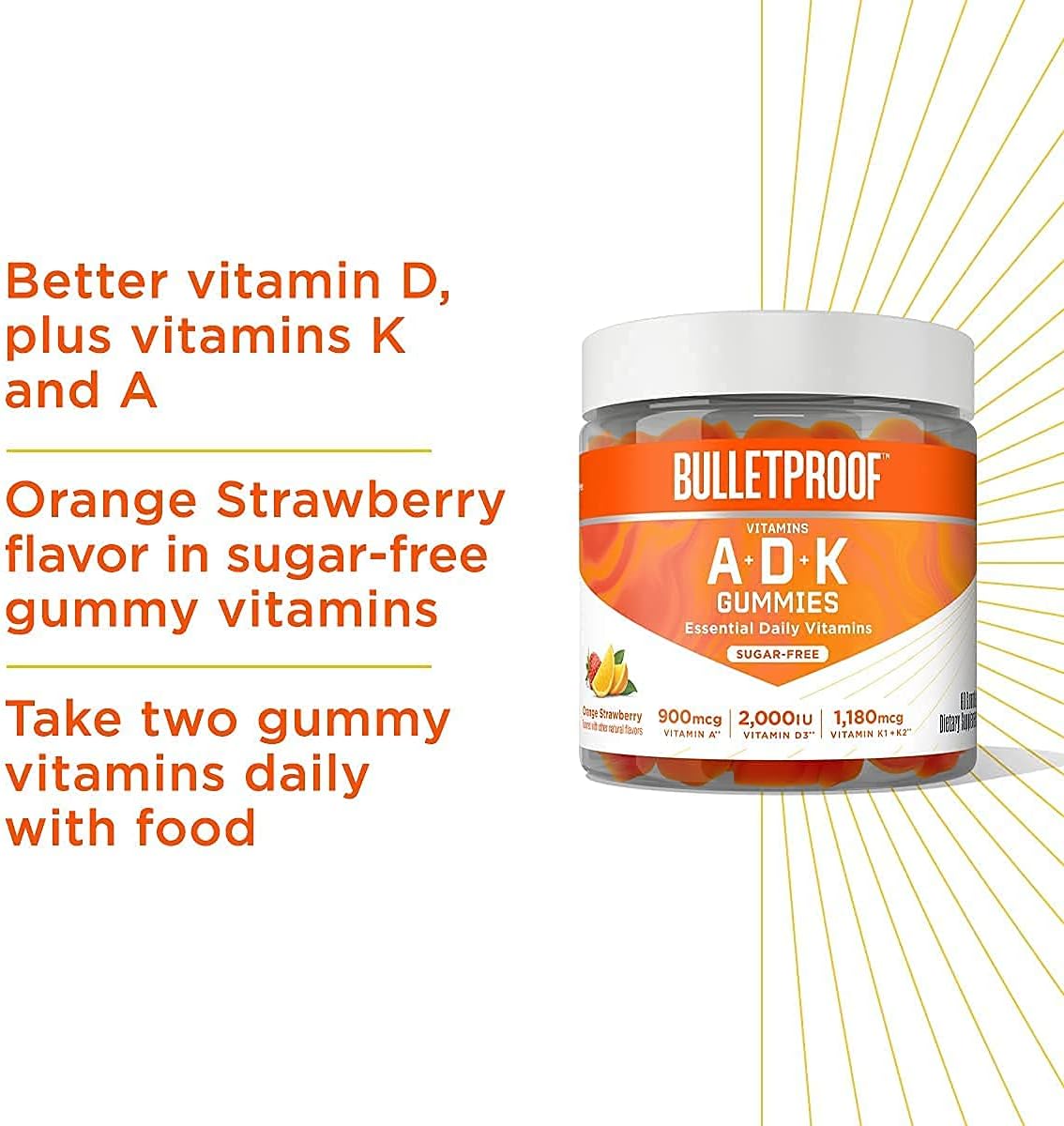 Bulletproof Vitamins A+D+K, 60 Sugar-Free Gummies, Strawberry Orange Flavor | Immune Sugar-Free Gummies, 60 Count, Elderberry Raspberry Flavor