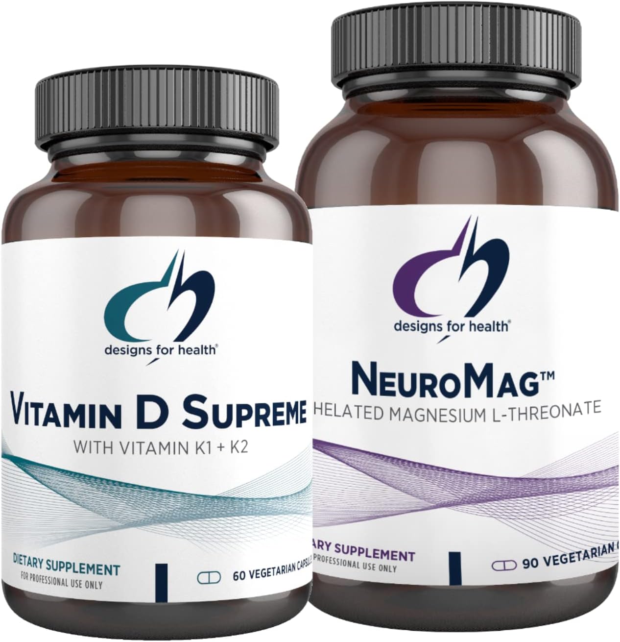 Designs for Health Vitamin D Supreme 5000 IU + Vitamin K (60 Capsules) + NeuroMag Chelated Magnesium L-Threonate for Cognitive Support (90 Capsules) - 2 Product Bundle