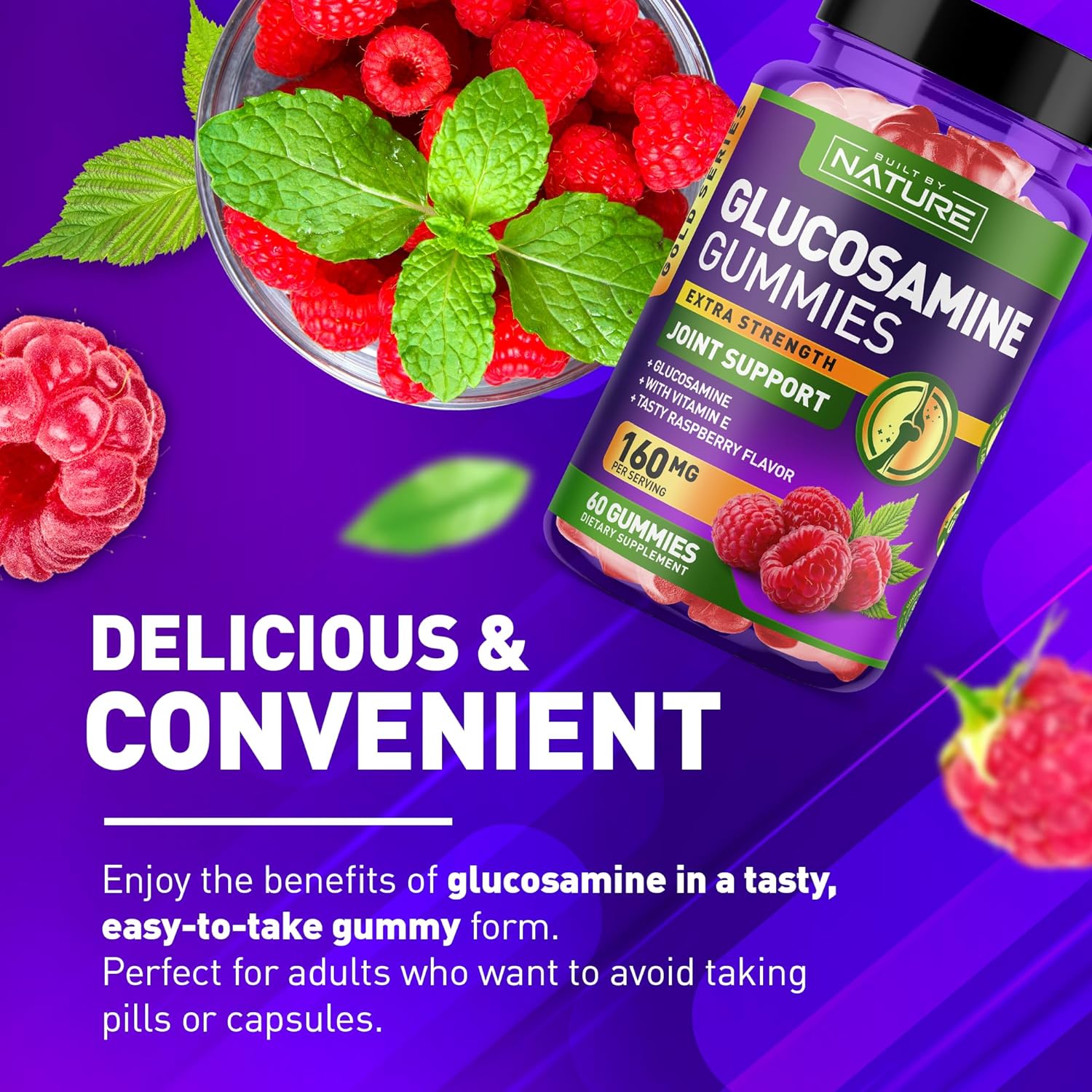Glucosamine Gummies with Vitamin E - Advanced Joint Support Gummy Supplement, High Potency Antioxidant  Inflammatory Response, Comfort for Back, Knees, Hands, Non GMO, 120 Extended Delivery Gummies