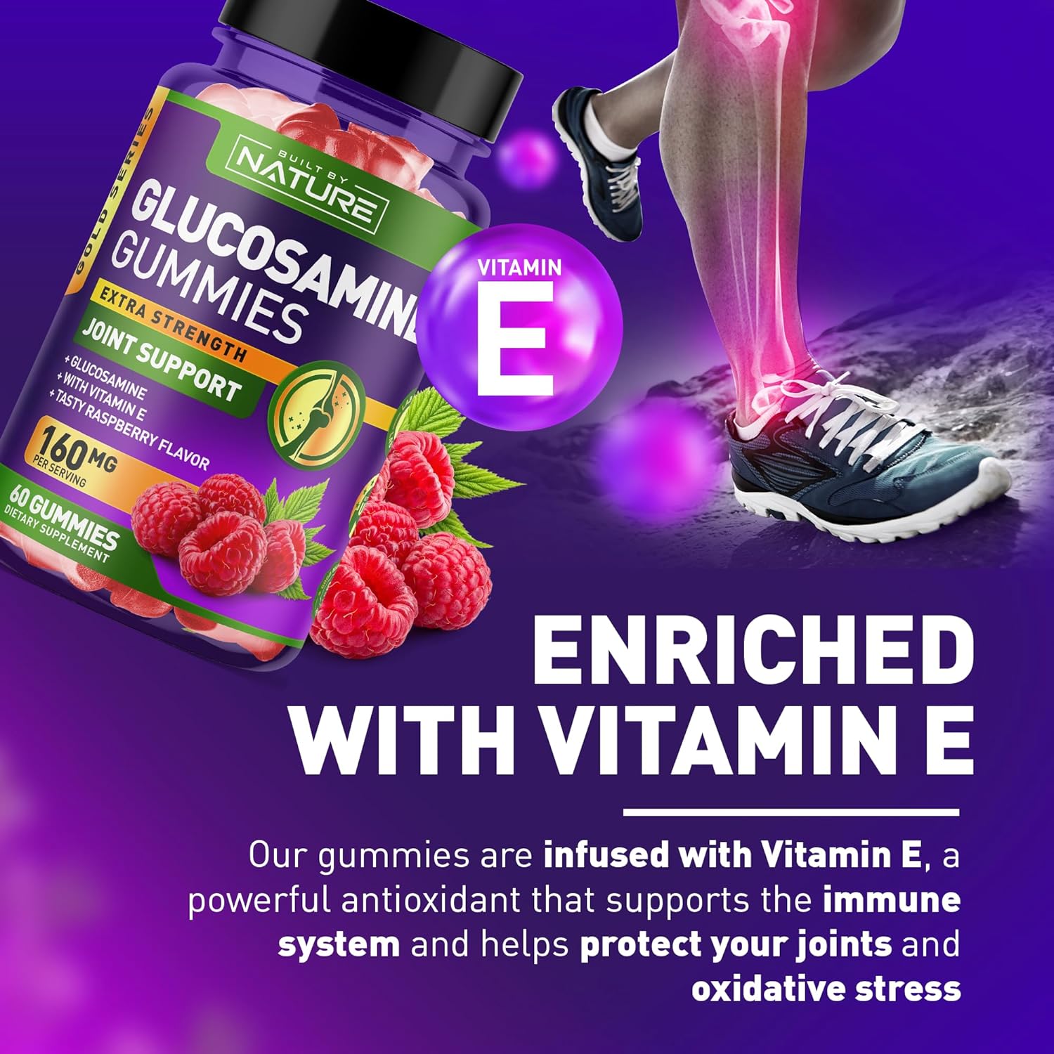 Glucosamine Gummies with Vitamin E - Advanced Joint Support Gummy Supplement, High Potency Antioxidant  Inflammatory Response, Comfort for Back, Knees, Hands, Non GMO, 120 Extended Delivery Gummies