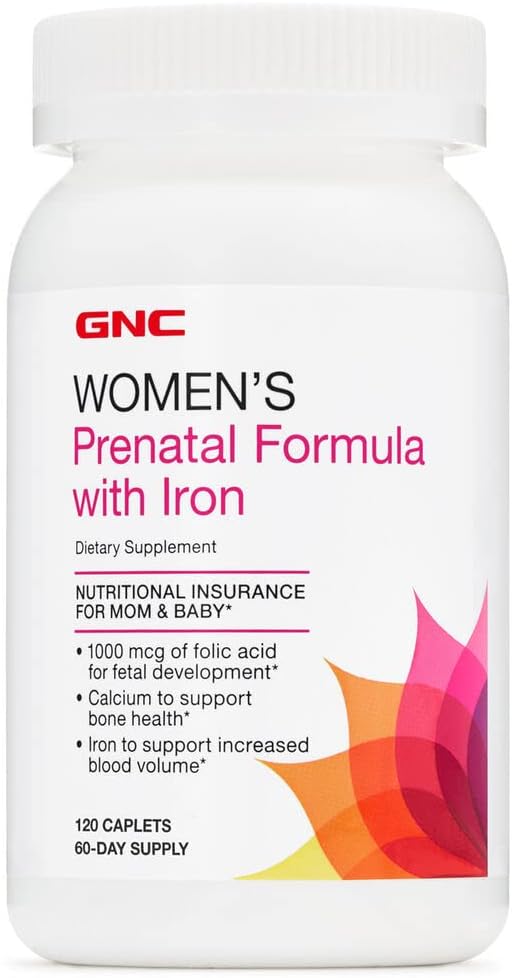 GNC Womens Prenatal Multivitamin Formula with Iron | Supports Pregnancy and Healthy Baby Development | Essential Nutrients Folic Acid, Zinc, Calcium Plus B Vitamins | 120 Caplets
