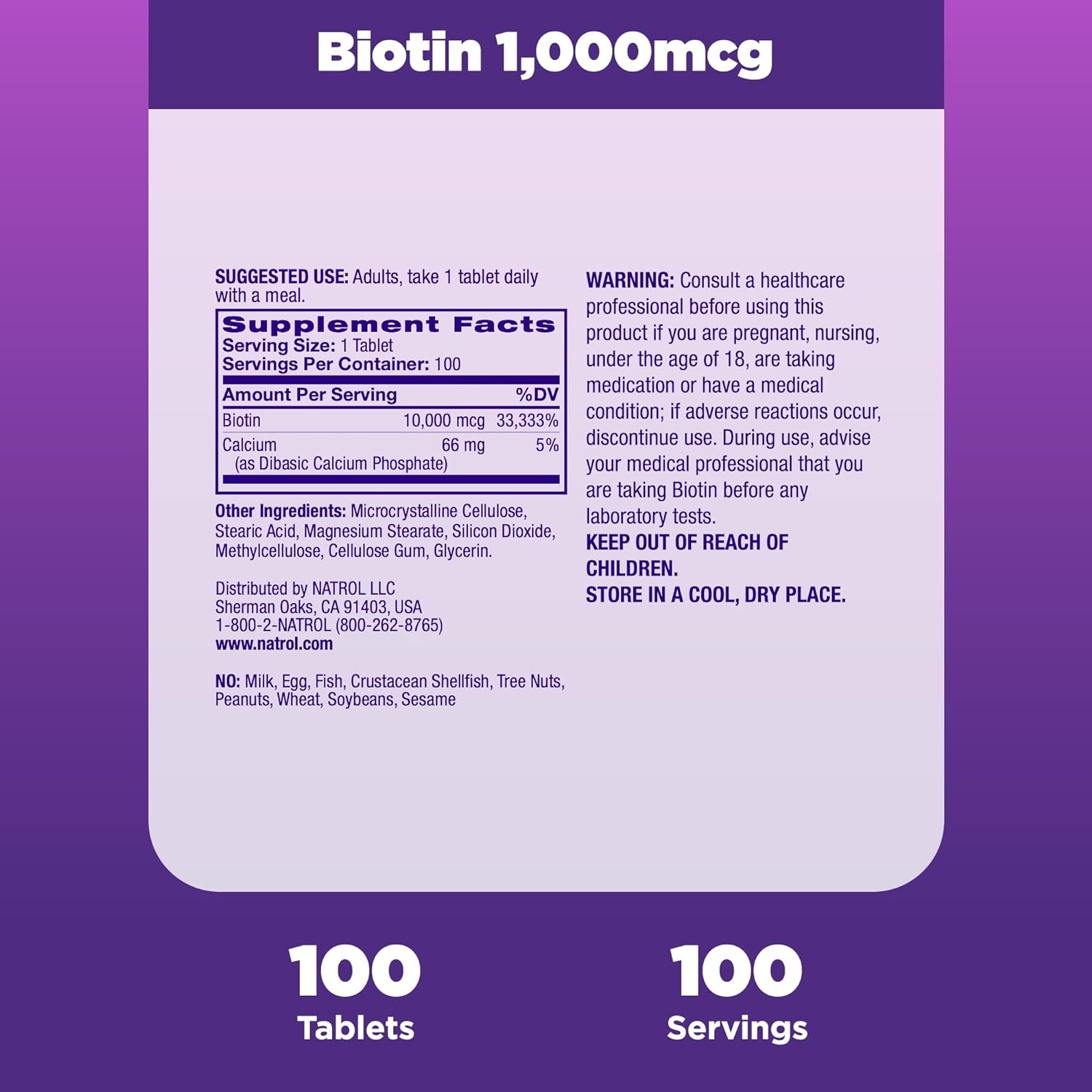 Natrol Biotin Beauty Tablets, Promotes Healthy Hair, Skin and Nails, Helps Support Energy Metabolism, Helps Convert Food Into Energy, Maximum Strength, 10,000mcg, 100 Count (Pack of 1)