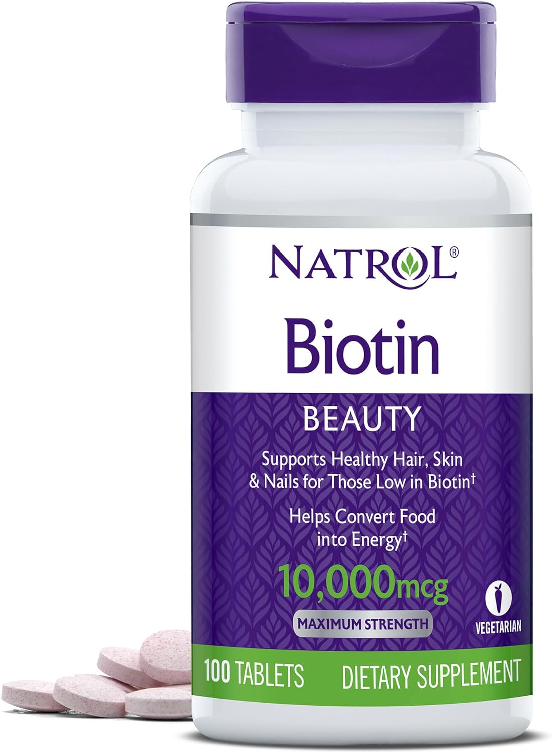 Natrol Biotin Beauty Tablets, Promotes Healthy Hair, Skin and Nails, Helps Support Energy Metabolism, Helps Convert Food Into Energy, Maximum Strength, 10,000mcg, 100 Count (Pack of 1)