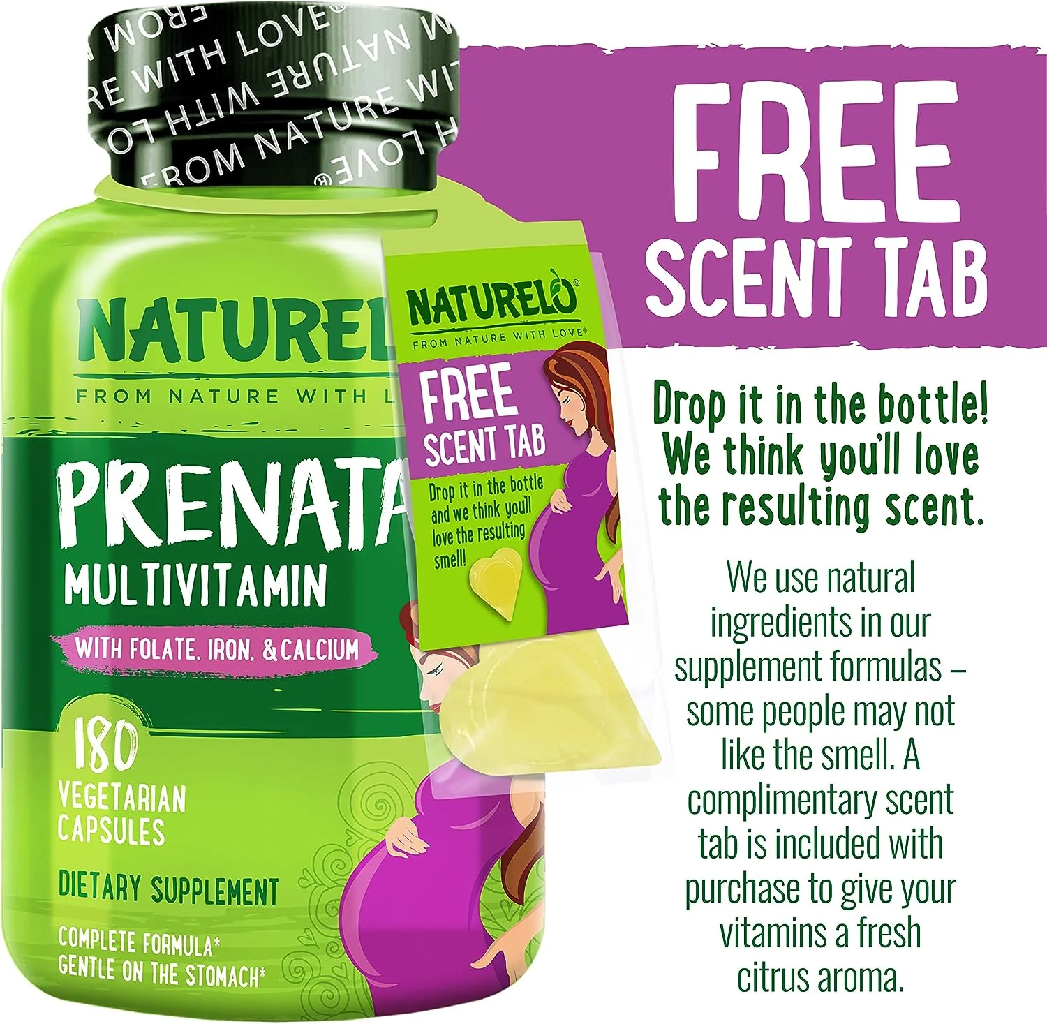 NATURELO Prenatal Multivitamin with Gentle Chelated Iron, Methyl Folate, Plant Calcium  Choline - Vegan, Vegetarian - Non-GMO - Gluten Free - 180 Capsules - 2 Month Supply