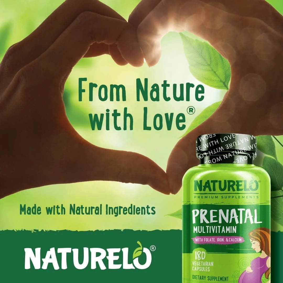 NATURELO Prenatal Multivitamin with Gentle Chelated Iron, Methyl Folate, Plant Calcium  Choline - Vegan, Vegetarian - Non-GMO - Gluten Free - 180 Capsules - 2 Month Supply