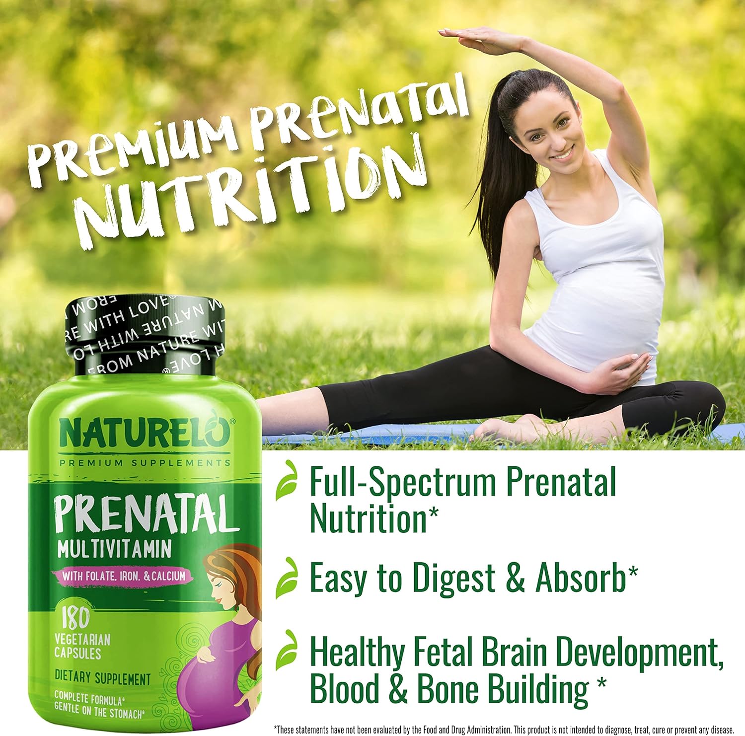 NATURELO Prenatal Multivitamin with Gentle Chelated Iron, Methyl Folate, Plant Calcium  Choline - Vegan, Vegetarian - Non-GMO - Gluten Free - 180 Capsules - 2 Month Supply