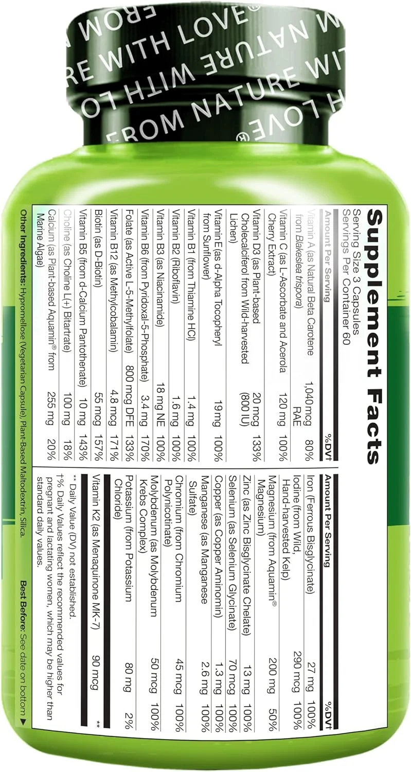 NATURELO Prenatal Multivitamin with Gentle Chelated Iron, Methyl Folate, Plant Calcium  Choline - Vegan, Vegetarian - Non-GMO - Gluten Free - 180 Capsules - 2 Month Supply