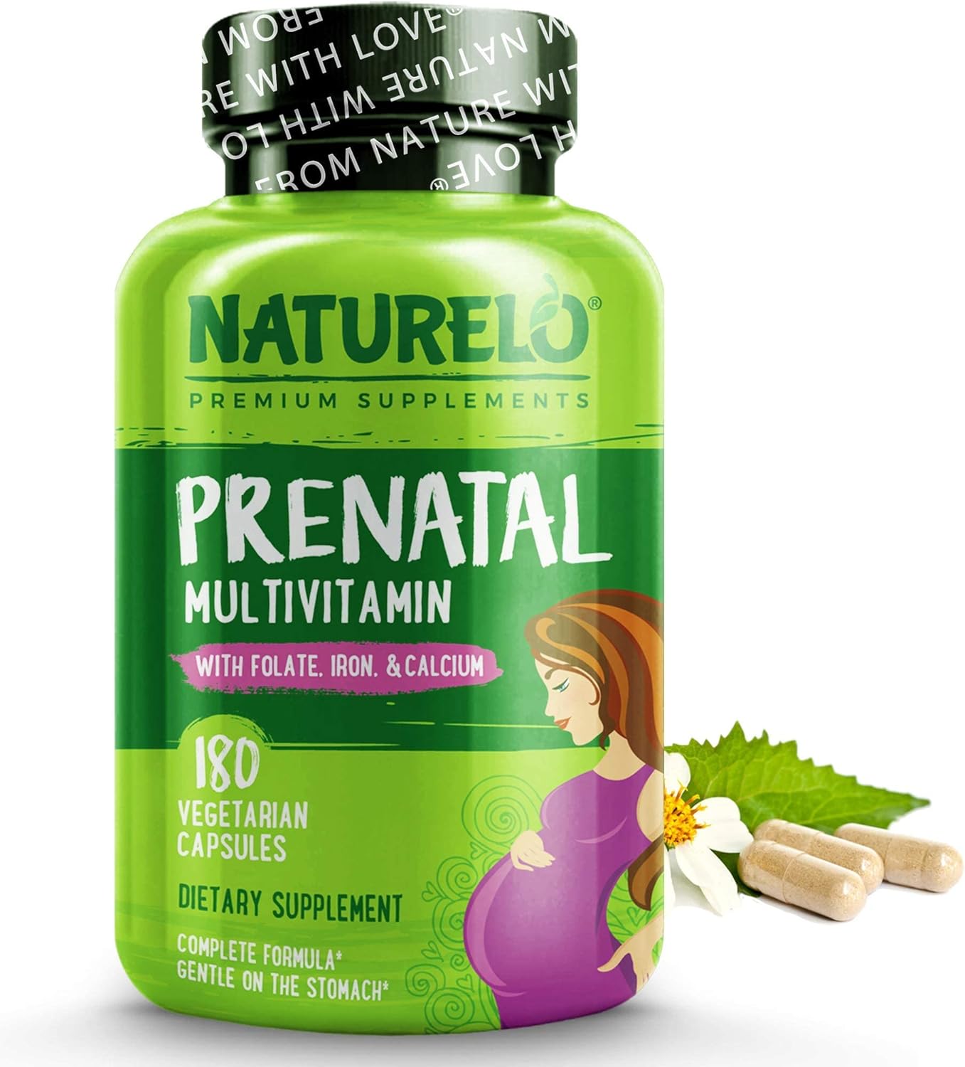 NATURELO Prenatal Multivitamin with Gentle Chelated Iron, Methyl Folate, Plant Calcium  Choline - Vegan, Vegetarian - Non-GMO - Gluten Free - 180 Capsules - 2 Month Supply
