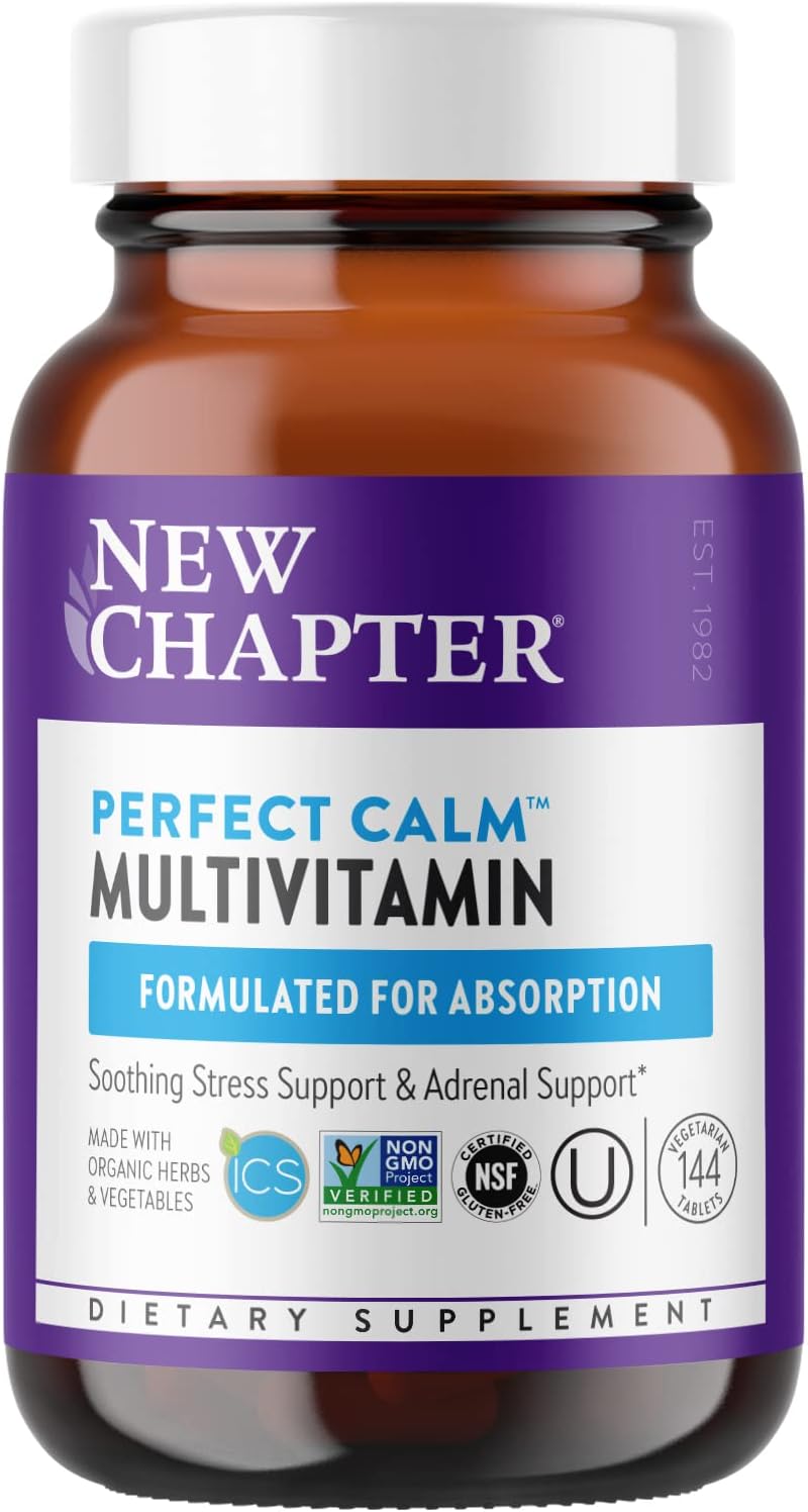 New Chapter Perfect Calm - Daily Multivitamin for Stress  Mood Support with B Vitamins + Holy Basil + Lemon Balm + Organic Non-GMO Ingredients - 144 Count