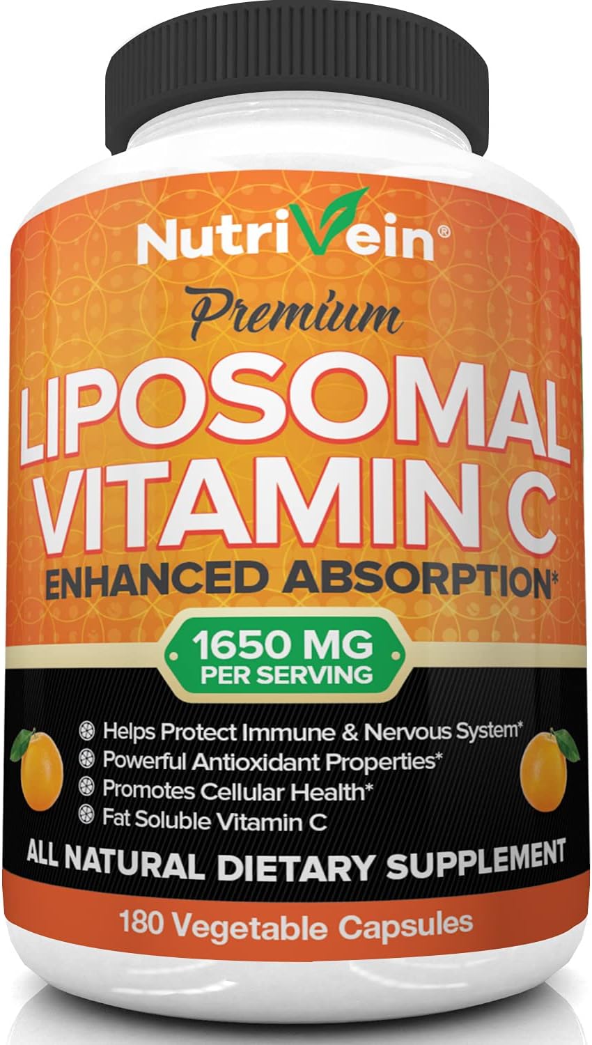 Nutrivein Liposomal Vitamin C 1650mg - 180 Capsules - High Absorption Ascorbic Acid - Supports Immune System  Collagen Booster - Powerful Antioxidant
