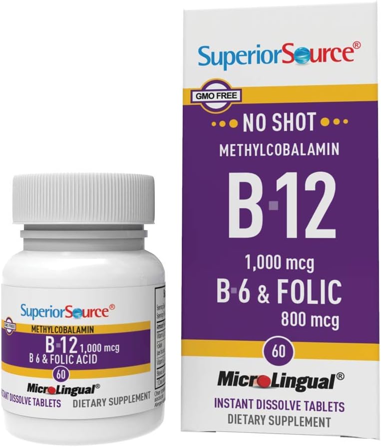 Superior Source No Shot Vitamin B12 Methylcobalamin (1000 mcg), B6, Folic Acid, Quick Dissolve MicroLingual Tablets, 60 Ct, Increase Energy, Healthy Heart, Boost Metabolism, Stress Support, Non-GMO