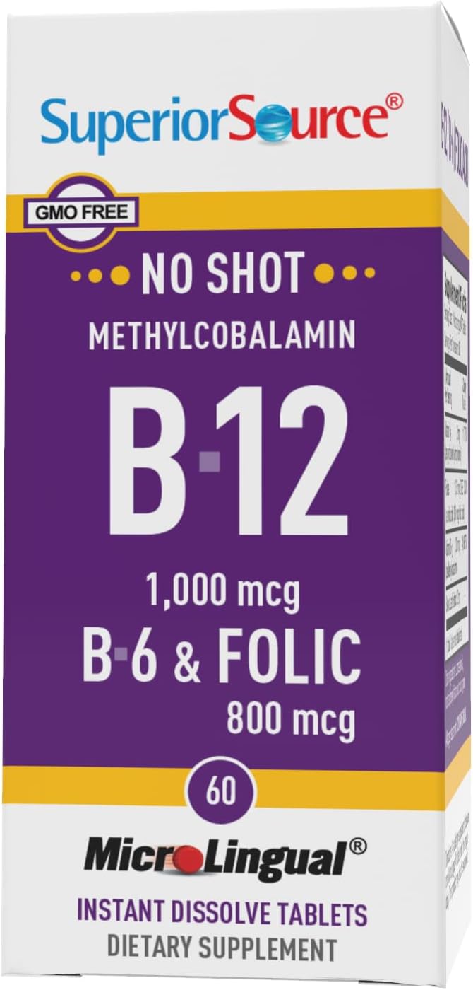 Superior Source No Shot Vitamin B12 Methylcobalamin (1000 mcg), B6, Folic Acid, Quick Dissolve MicroLingual Tablets, 60 Ct, Increase Energy, Healthy Heart, Boost Metabolism, Stress Support, Non-GMO