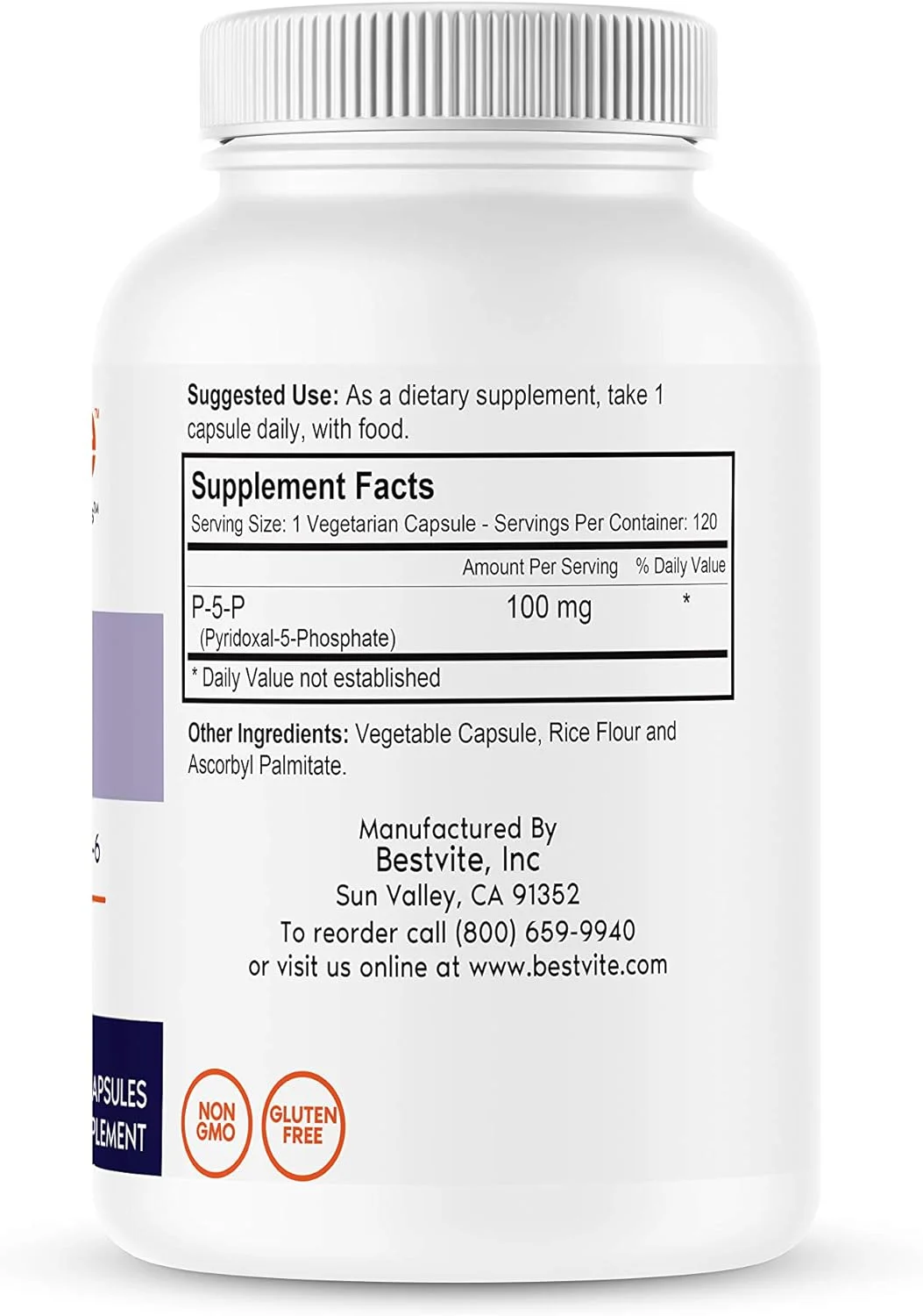 BESTVITE P-5-P 100mg (120 Vegetarian Capsules) (CoEnzymated Form of B-6) - No Stearates - Vegan - Non GMO - Gluten Free - No Silicon Dioxide - No Gelatin