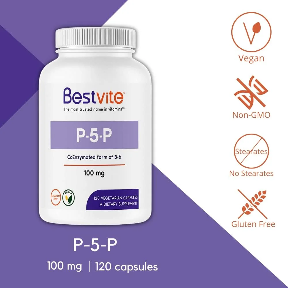BESTVITE P-5-P 100mg (120 Vegetarian Capsules) (CoEnzymated Form of B-6) - No Stearates - Vegan - Non GMO - Gluten Free - No Silicon Dioxide - No Gelatin