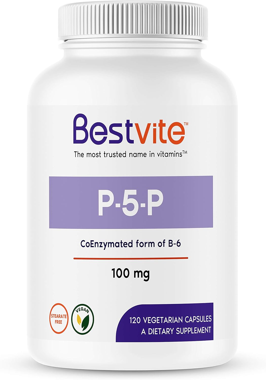 BESTVITE P-5-P 100mg (120 Vegetarian Capsules) (CoEnzymated Form of B-6) - No Stearates - Vegan - Non GMO - Gluten Free - No Silicon Dioxide - No Gelatin