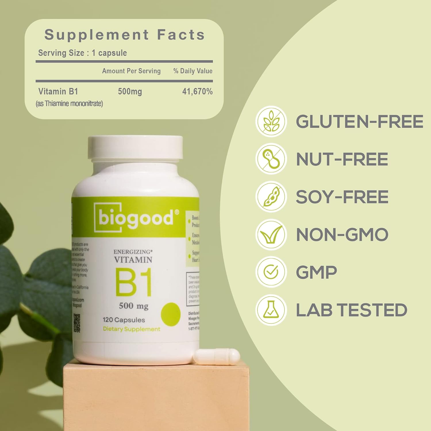 Biogood Vitamin B1 500mg Non-GMO Thiamine | Gluten Free, Nut Free, Soy Free, 120 Capsules