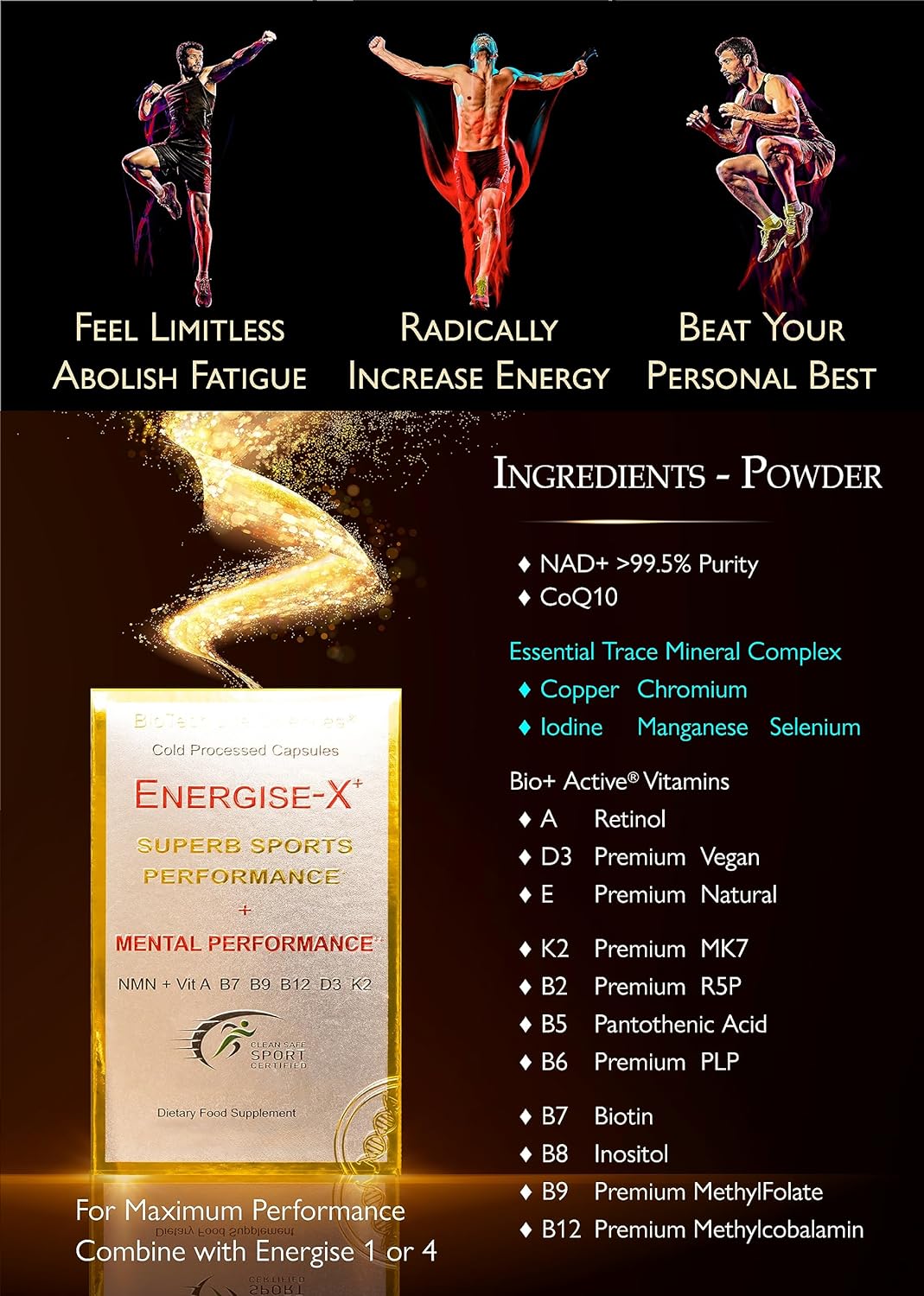 BioTech Life Sciences Energise X 100 Grams NAD+ CoQ10 Vitamins A Retinol D3 E K2 B2 B5 B6 B7 Biotin B8 B9 Folate B12 (EX-100g)