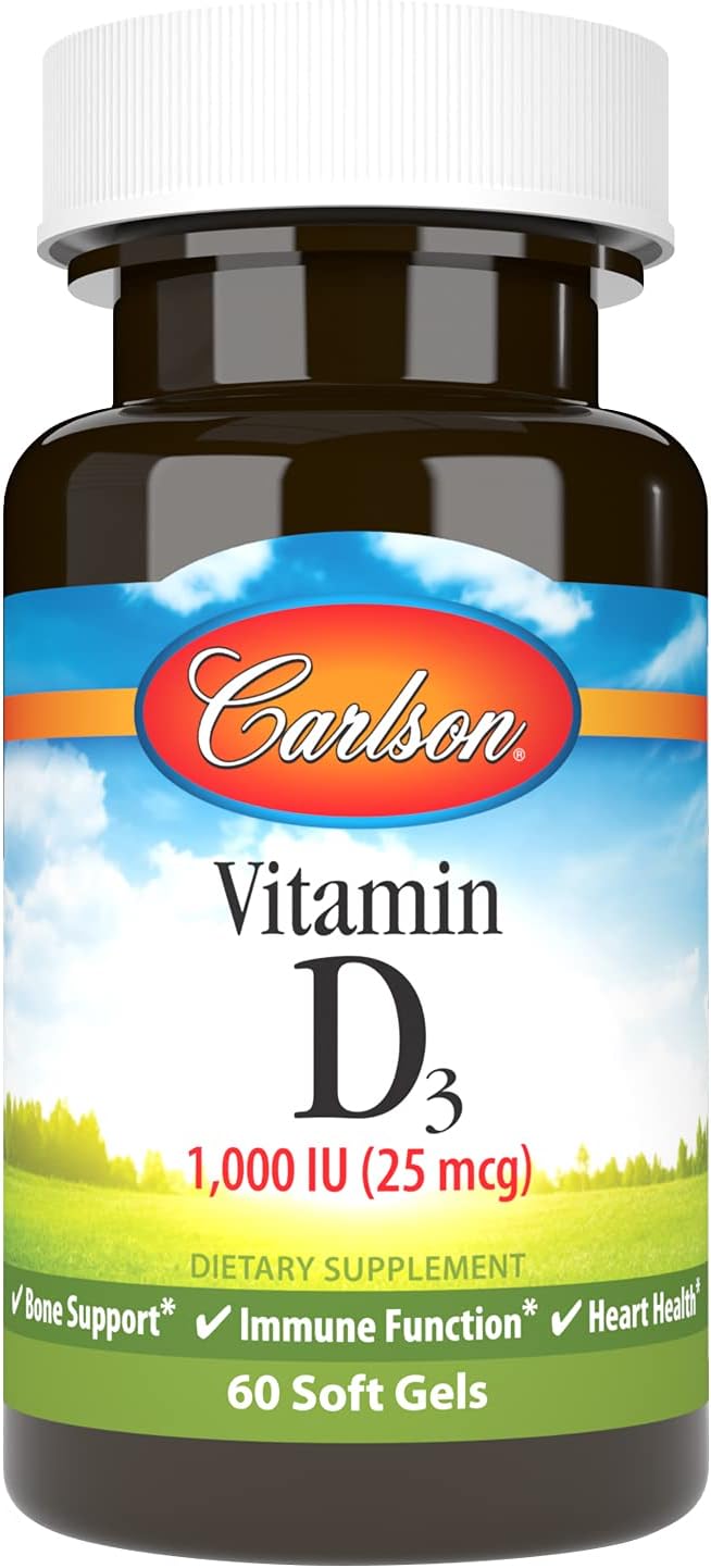 Carlson - Vitamin D3, 1000 IU (25 mcg), Bone Health, Muscle Health, Cholecalciferol, Vitamin D Supplements, Vitamin D3 Soft Gels, 60 Softgels