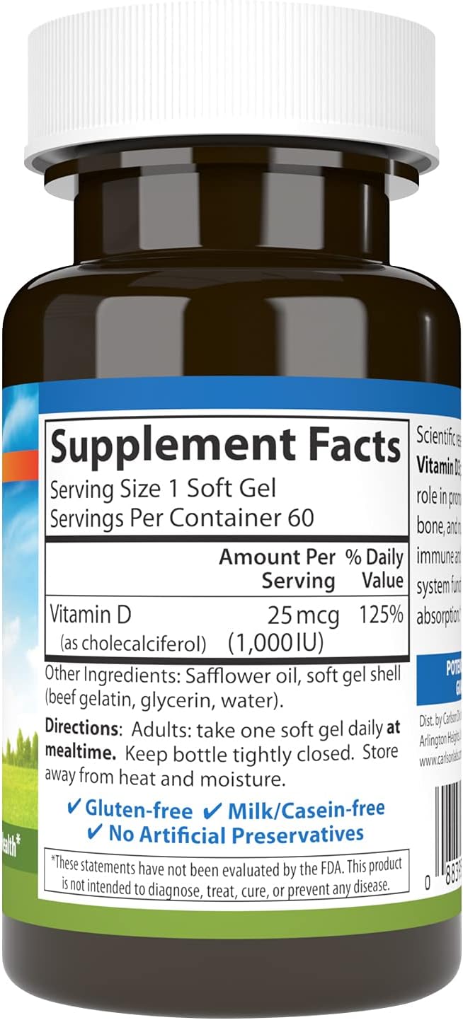 Carlson - Vitamin D3, 1000 IU (25 mcg), Bone Health, Muscle Health, Cholecalciferol, Vitamin D Supplements, Vitamin D3 Soft Gels, 60 Softgels