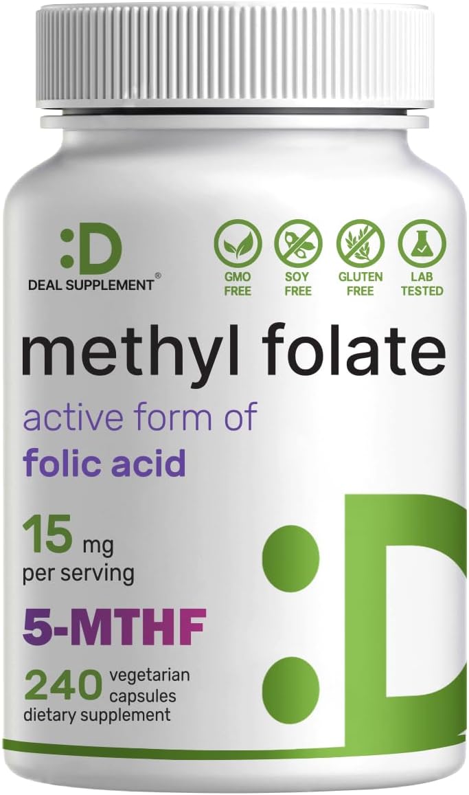 L Methylfolate 15mg Per Serving, 240 Veggie Capsules – Active Folic Acid Form (5-MTHF), Bioavailable Methylated Folate – Prenatal, Energy,  Brain Support Supplement – Non-GMO