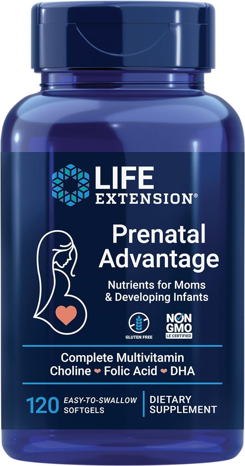 Life Extension Prenatal Advantage Supplement – Comprehensive Prenatal Vitamin for Pregnant Women - Complete Multivitamin for Healthy Brain with DHA - Non-GMO, Gluten-Free -120 Softgels