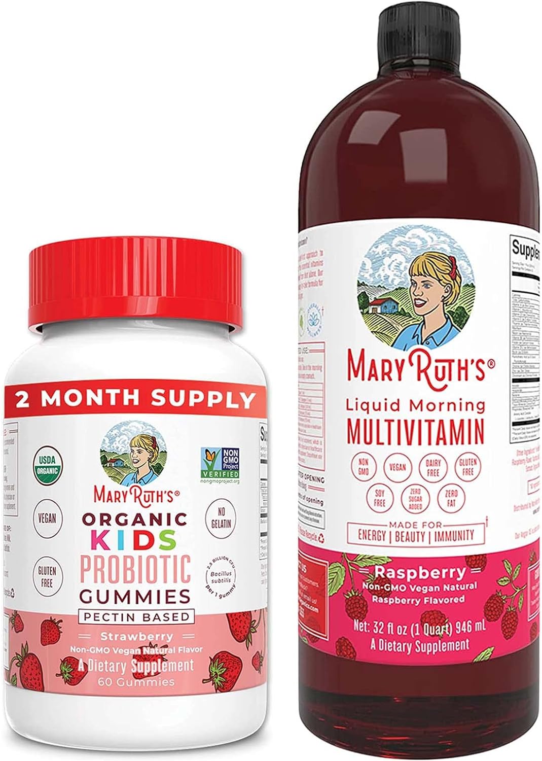 Liquid Morning Multivitamin Raspberry Kids  Probiotic USDA Organic Gummies Bundle by MaryRuths | Immune Support | Kids Digestive  Gut Health Supplement for Men, Women  Kids