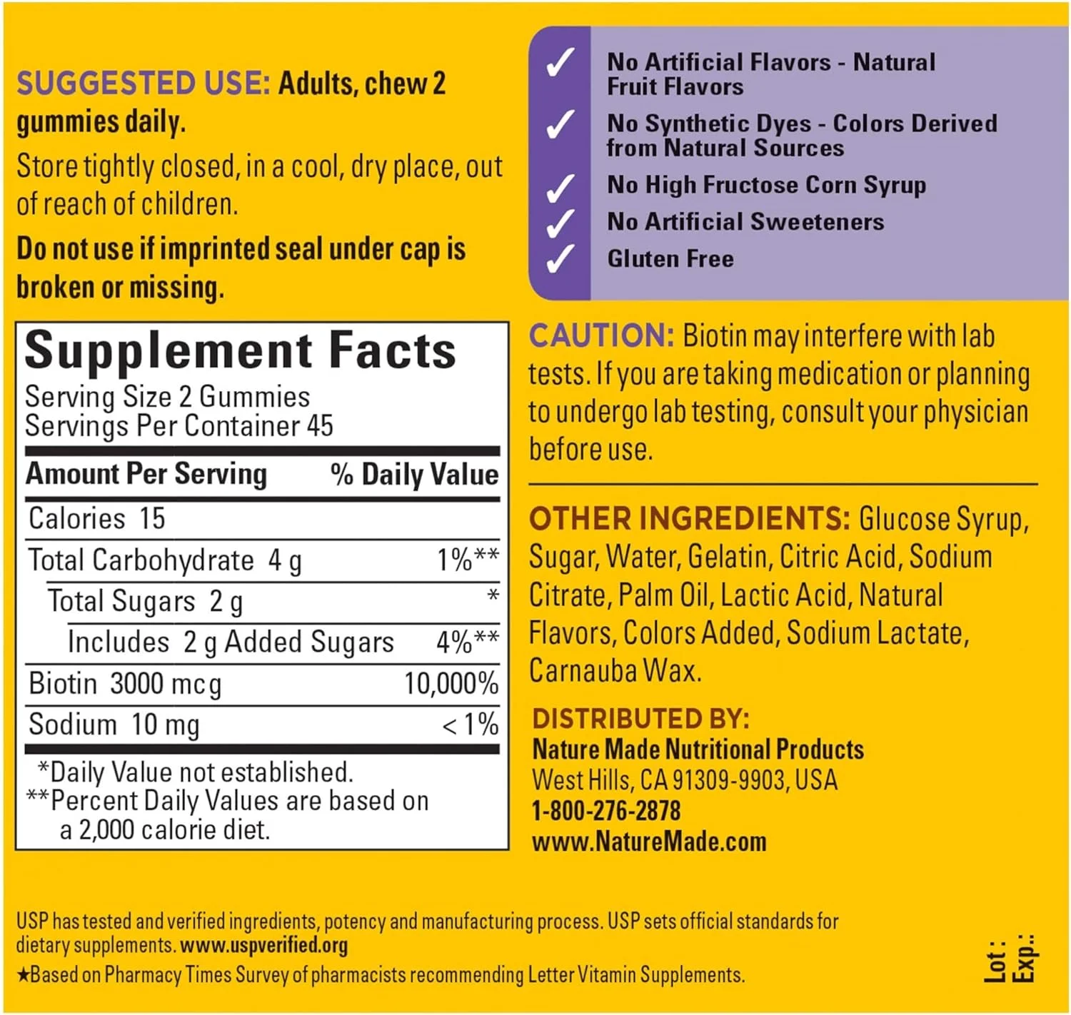 Nature Made Biotin 3000 mcg, Dietary Supplement For Healthy Hair, Skin  Nail Support, 90 Gummies, 45 Day Supply