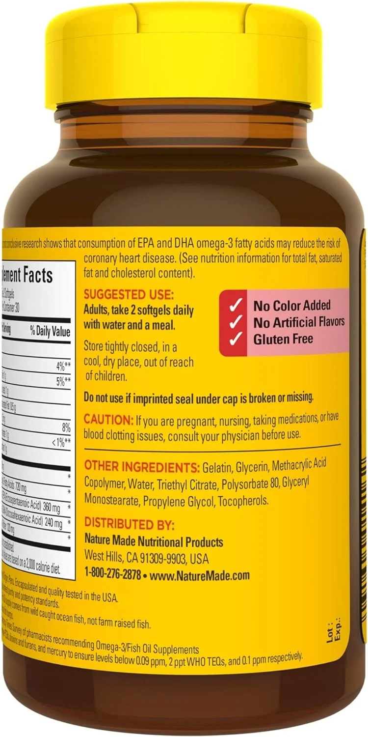 Nature Made Burp Less Fish Oil 1200 mg, Fish Oil Supplements, Omega 3 Fish Oil for Healthy Heart Support, Omega 3 Supplement with 60 Softgels, 30 Day Supply