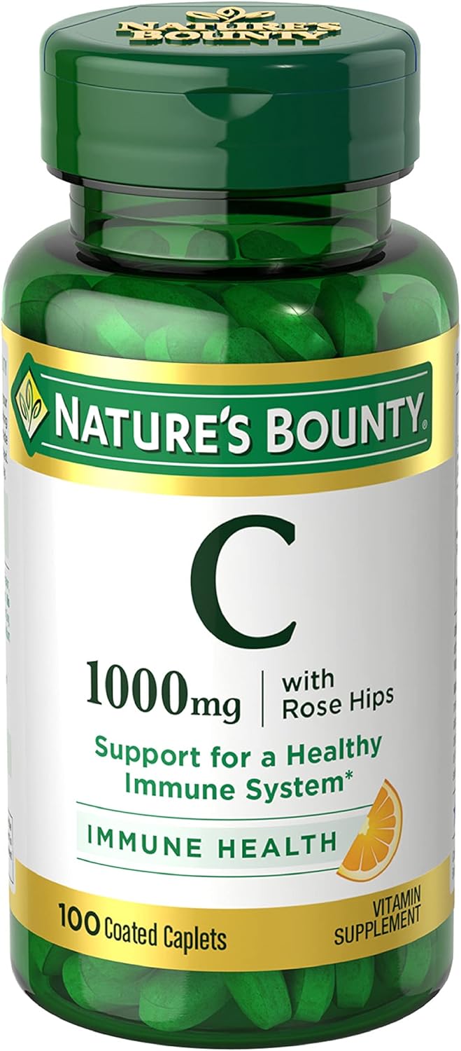 Natures Bounty Vitamin C + Rose Hips, Immune Support, 1000mg, Coated Caplets, 100 Ct