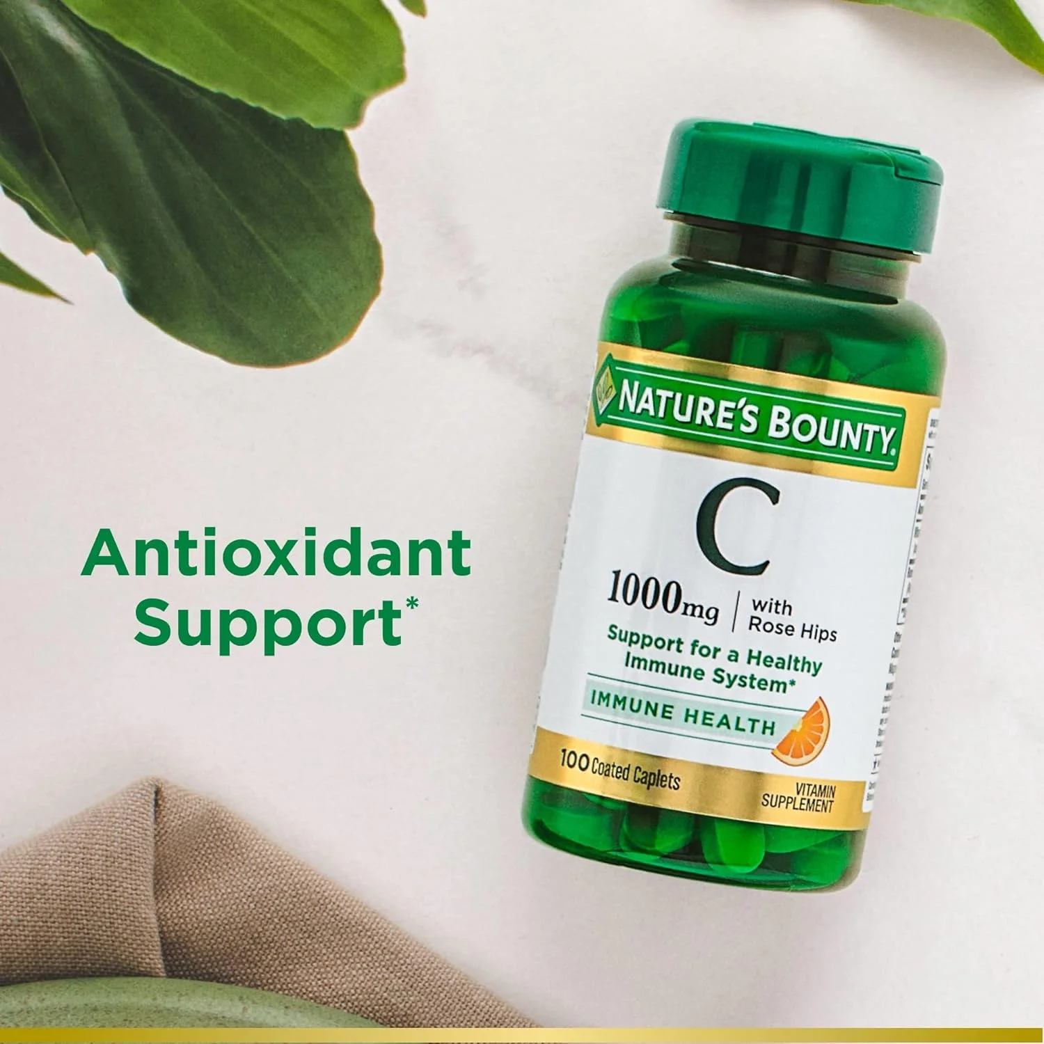 Natures Bounty Vitamin C + Rose Hips, Immune Support, 1000mg, Coated Caplets, 100 Ct