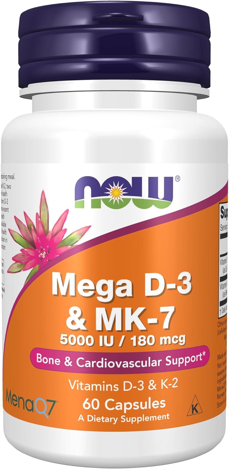 NOW Supplements, Mega D-3  MK-7 with Vitamins D-3  K-2, 5,000 IU/180 mcg, Bone  Cardiovascular Support*, 60 Veg Capsules